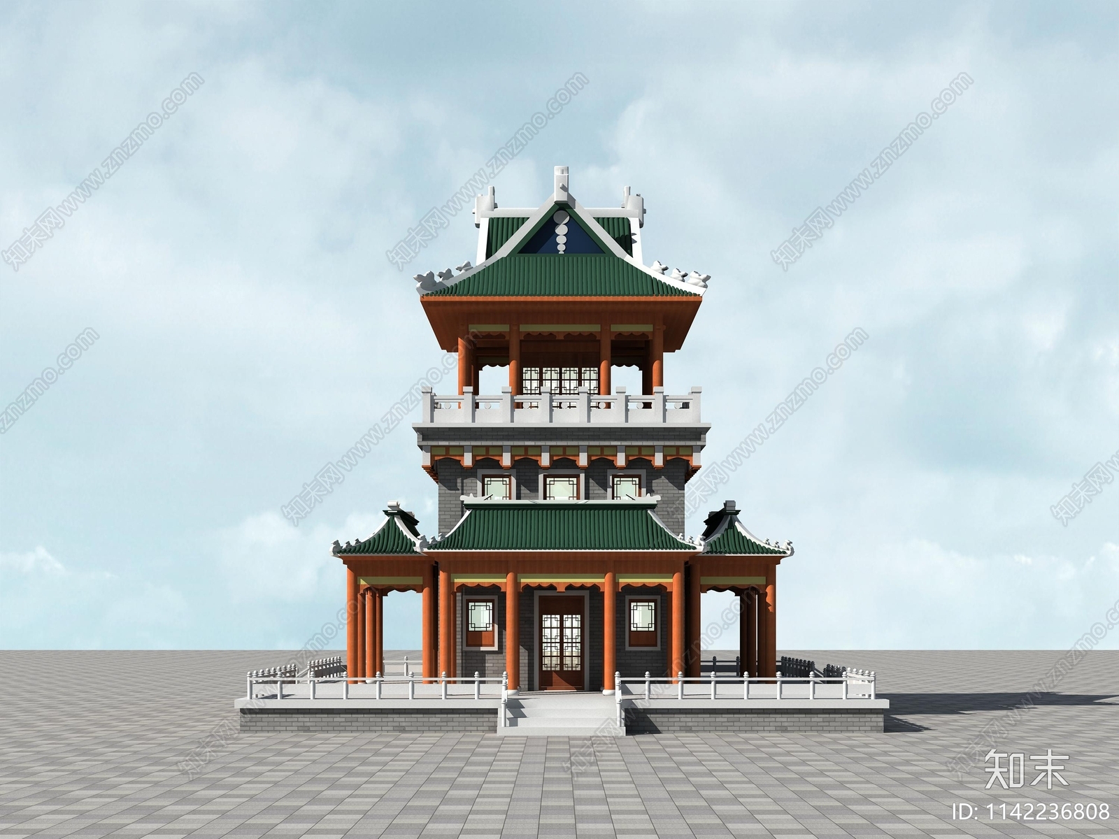 现代中式古建3D模型下载【ID:1142236808】