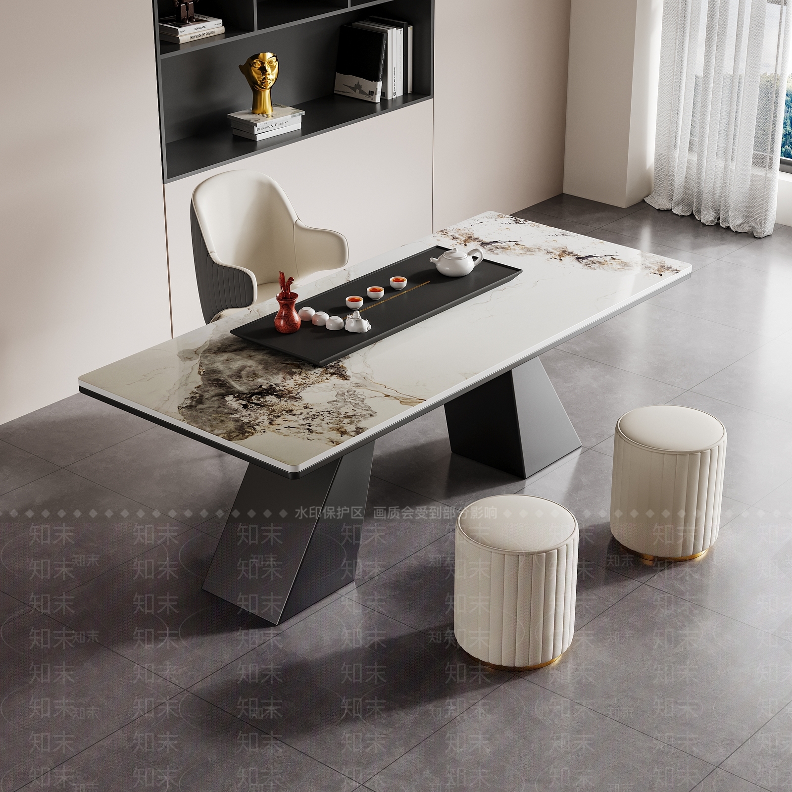 现代岩板茶桌椅组合3D模型下载【ID:1142242891】