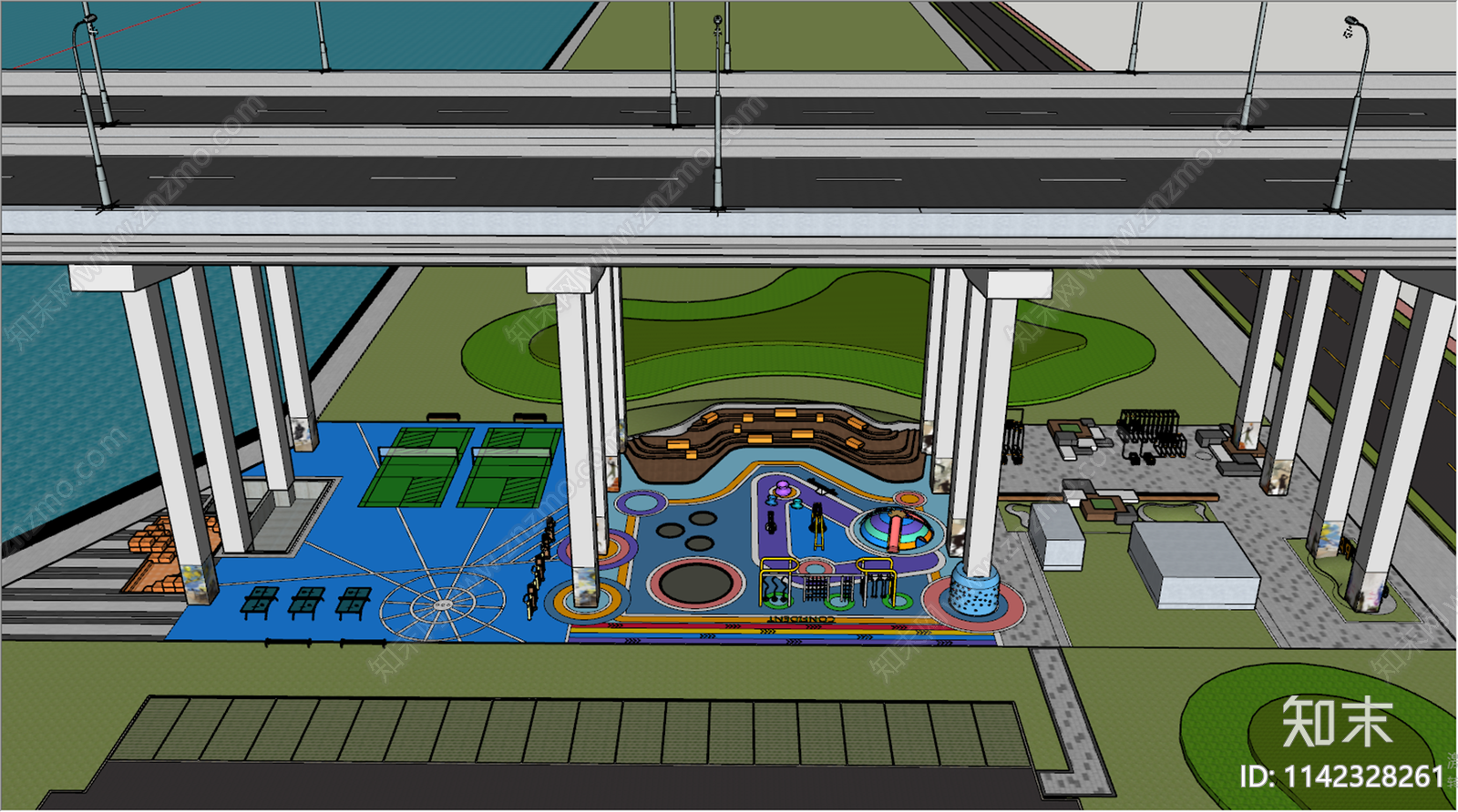 现代桥底儿童运动景观公园SU模型下载【ID:1142328261】