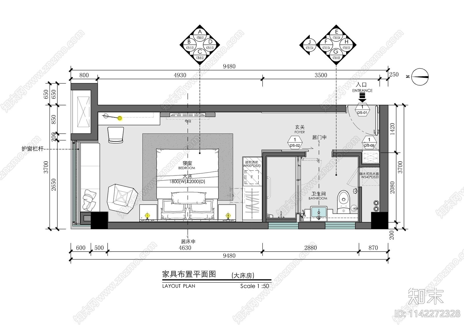 35㎡酒店标准大床房客房cad施工图下载【ID:1142272328】