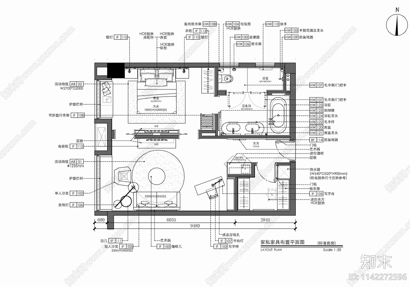 65㎡标准大床房套房室内施工图下载【ID:1142272596】