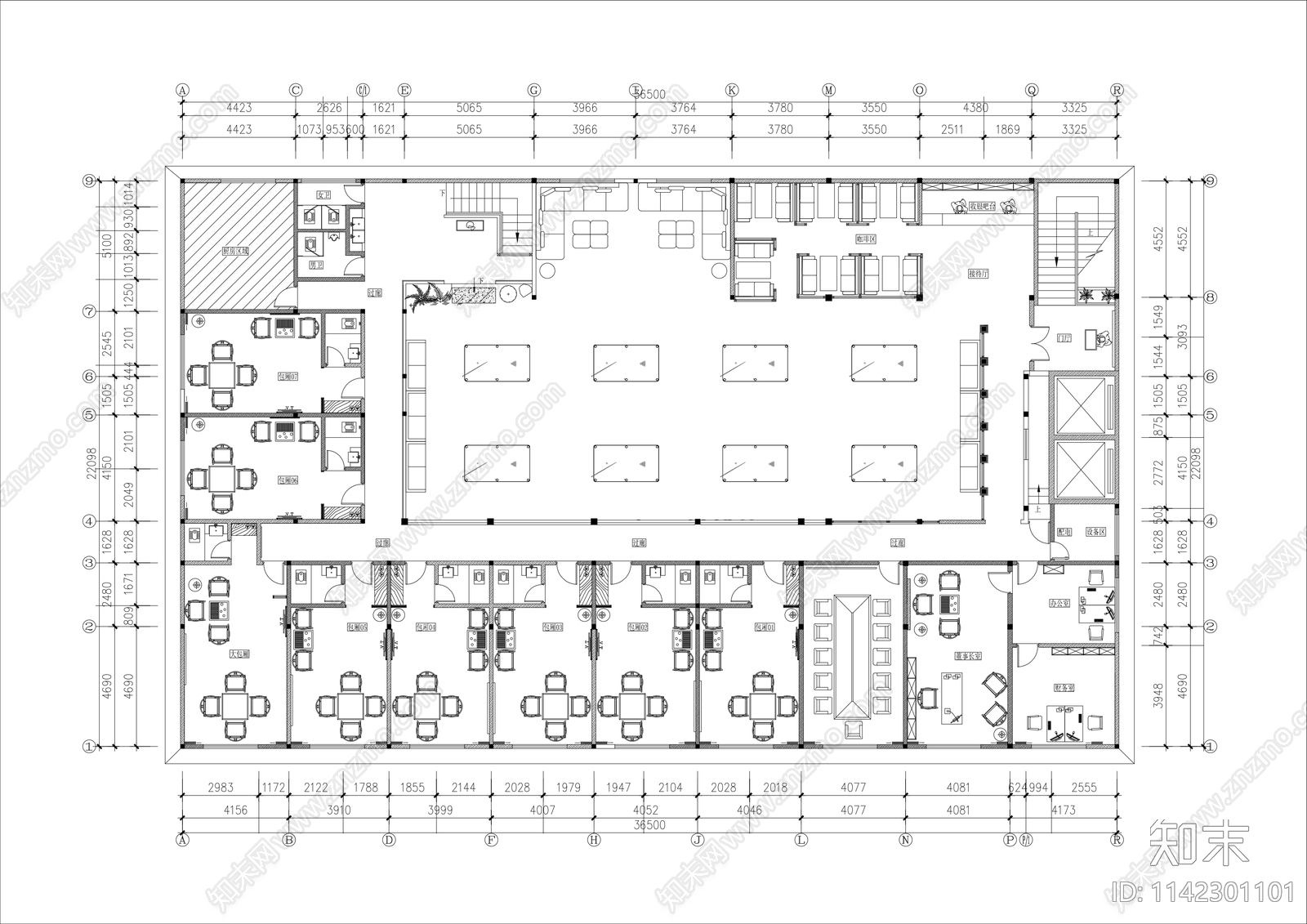 900㎡台球厅麻将棋牌室平面布置图施工图下载【ID:1142301101】