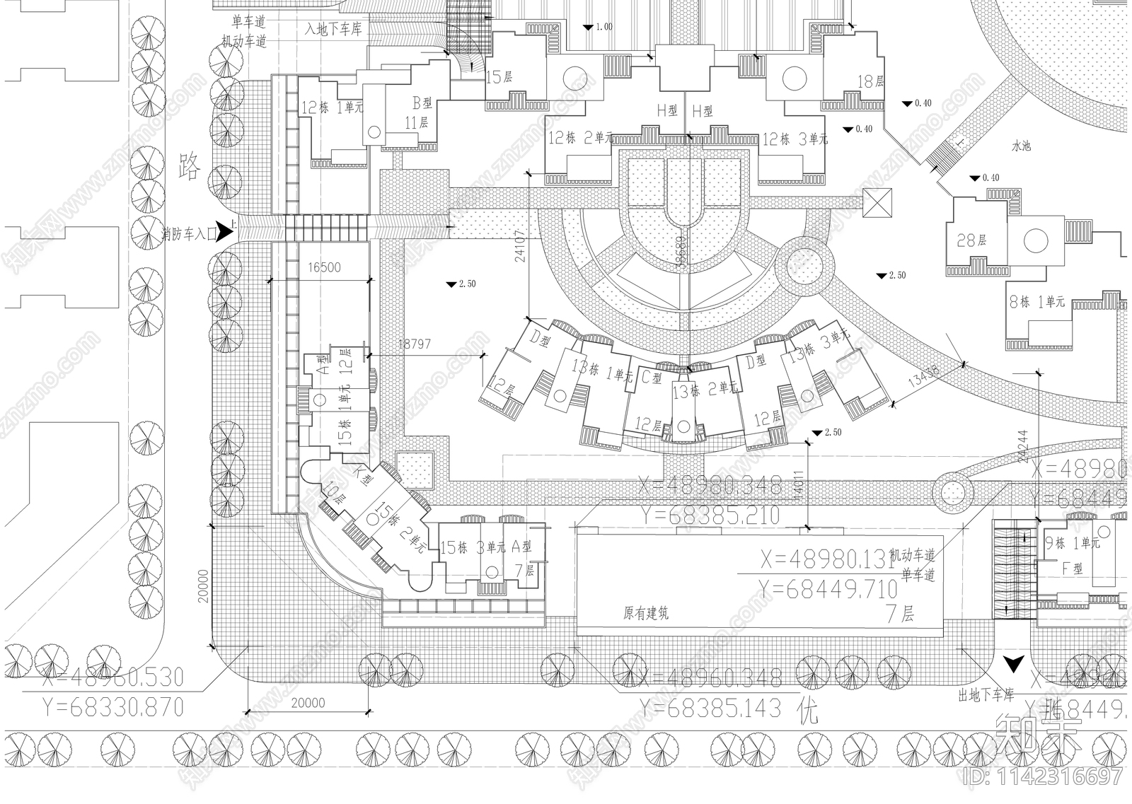 高层小区景观规划总平面图cad施工图下载【ID:1142316697】