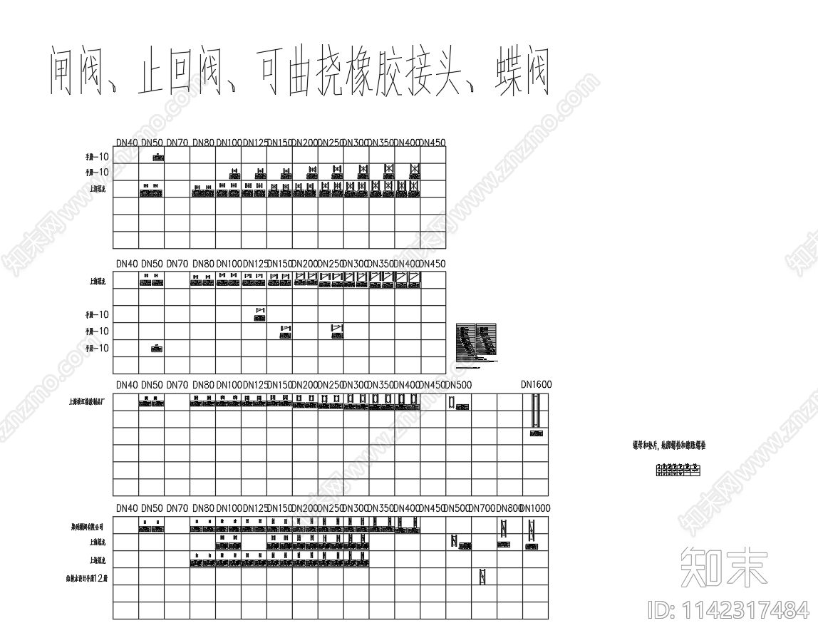 闸阀止回阀可曲挠橡胶接头图块cad施工图下载【ID:1142317484】
