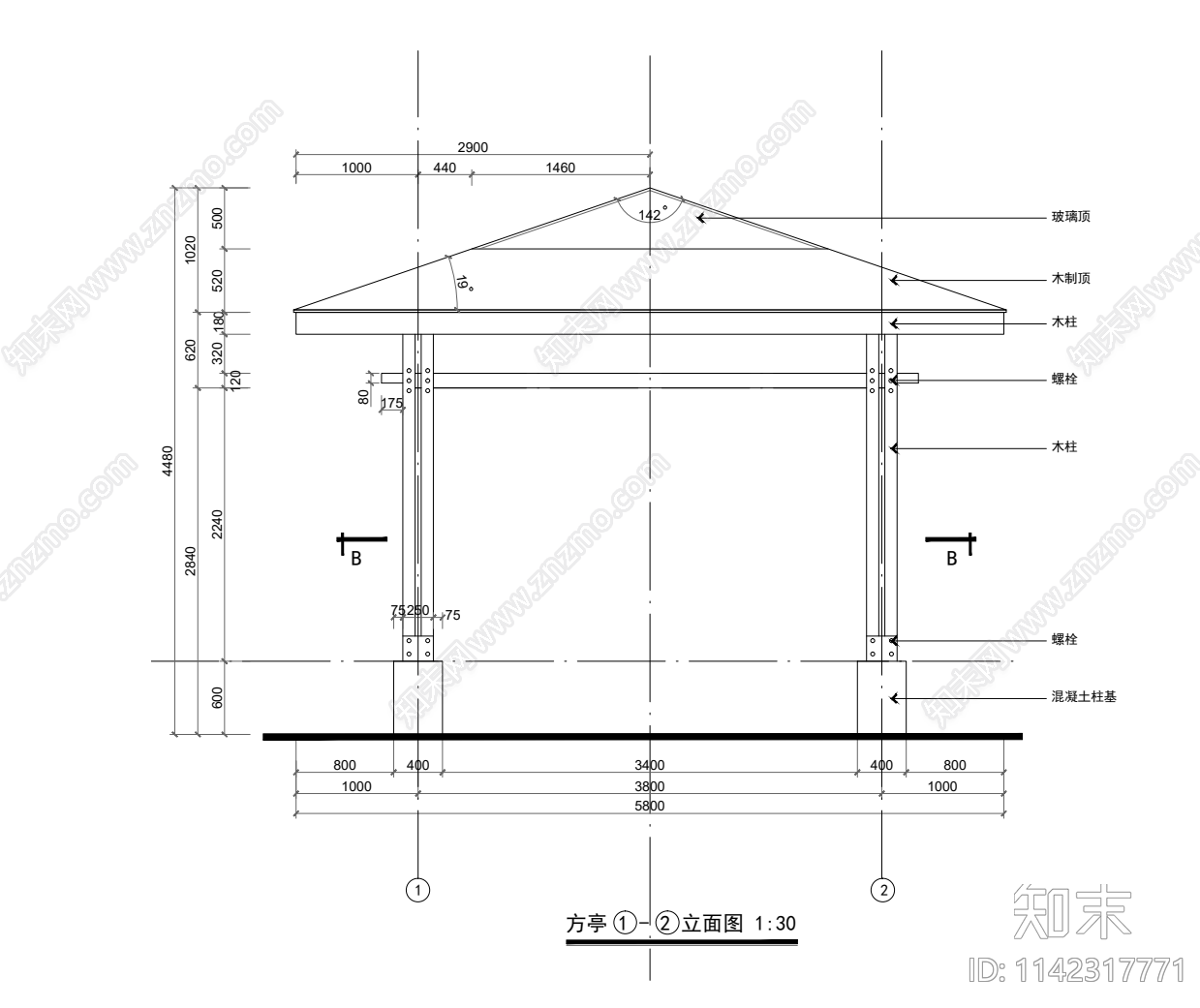 方亭子cad施工图下载【ID:1142317771】