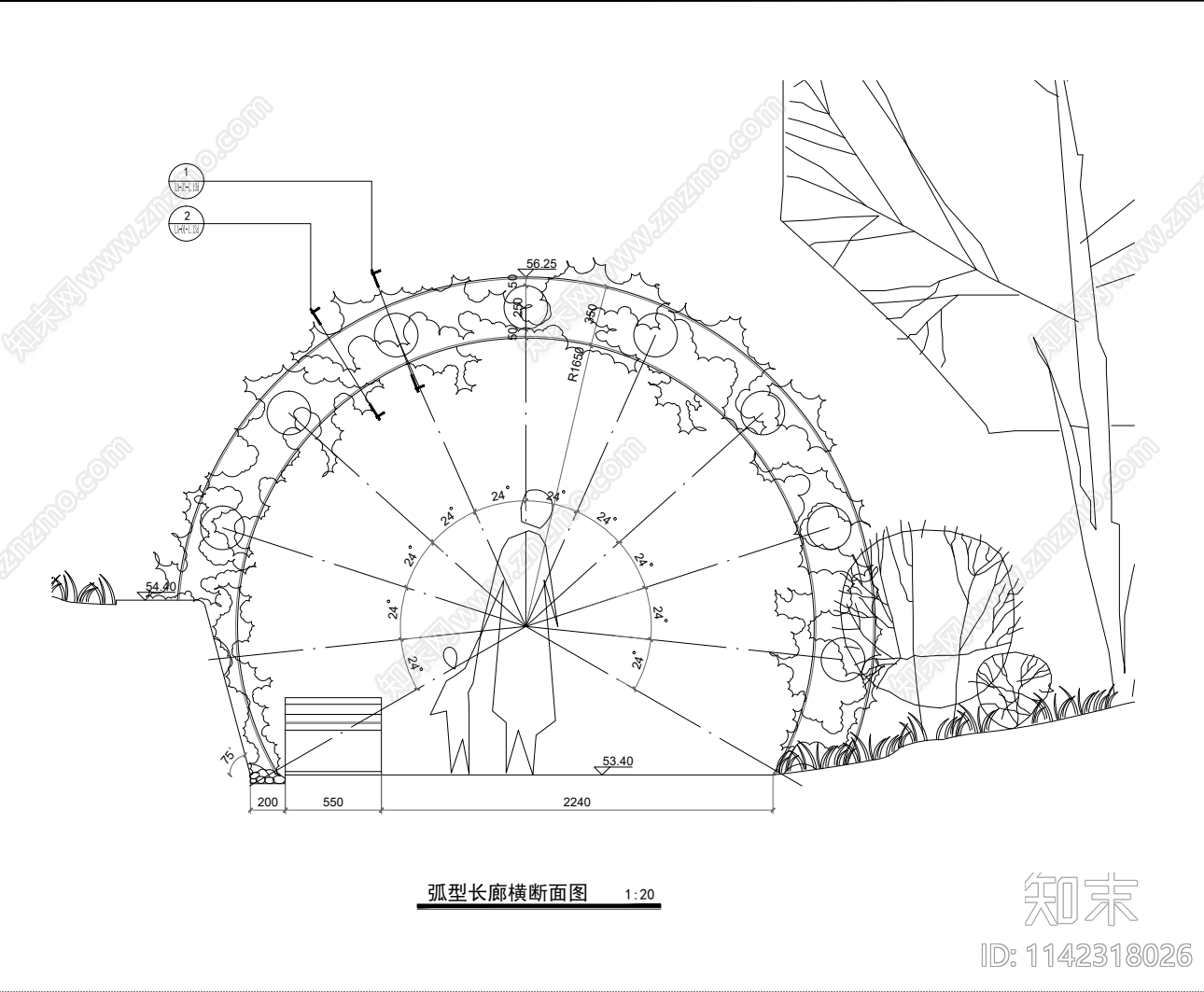 弧形长廊cad施工图下载【ID:1142318026】