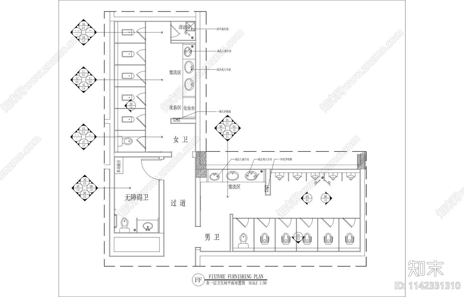 公共卫生间cad施工图下载【ID:1142331310】