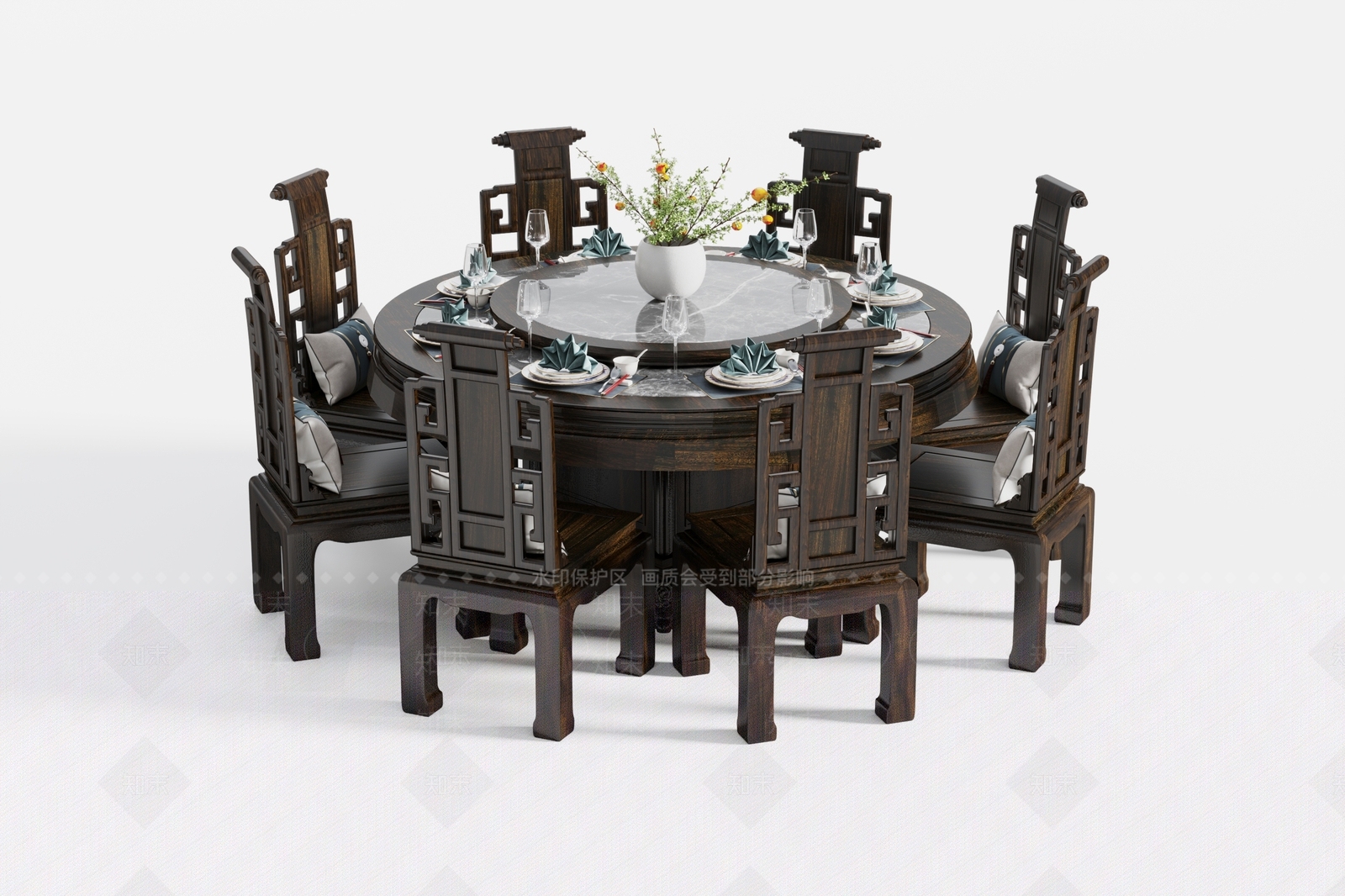 中式餐桌椅3D模型渲染效果图