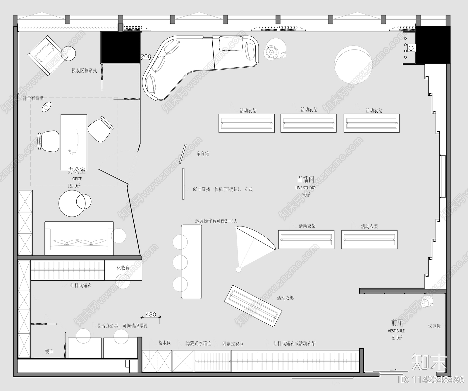 服装工作室室内装修cad施工图下载【ID:1142348496】