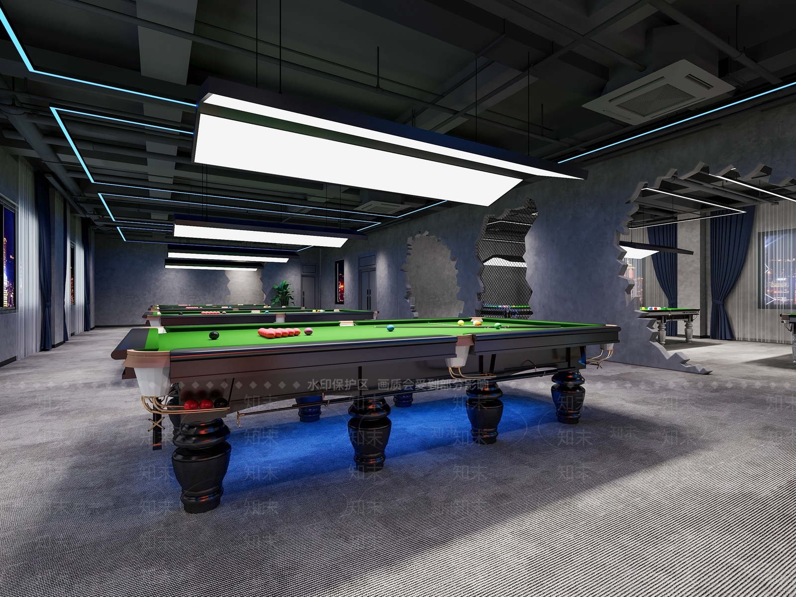 工业科技风台球厅3D模型下载【ID:1142349112】