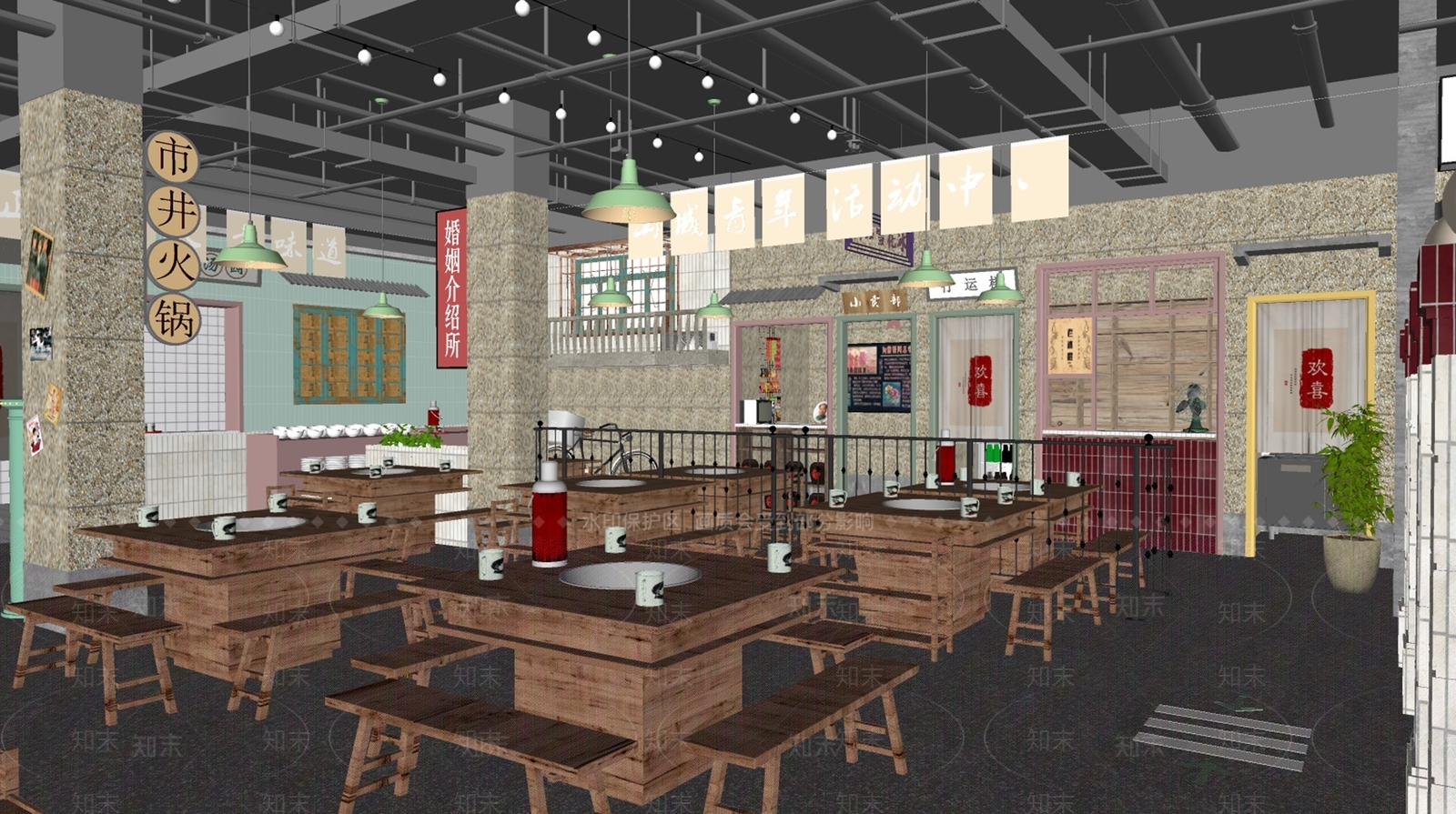 工业风复古火锅店SU模型下载【ID:1142350535】