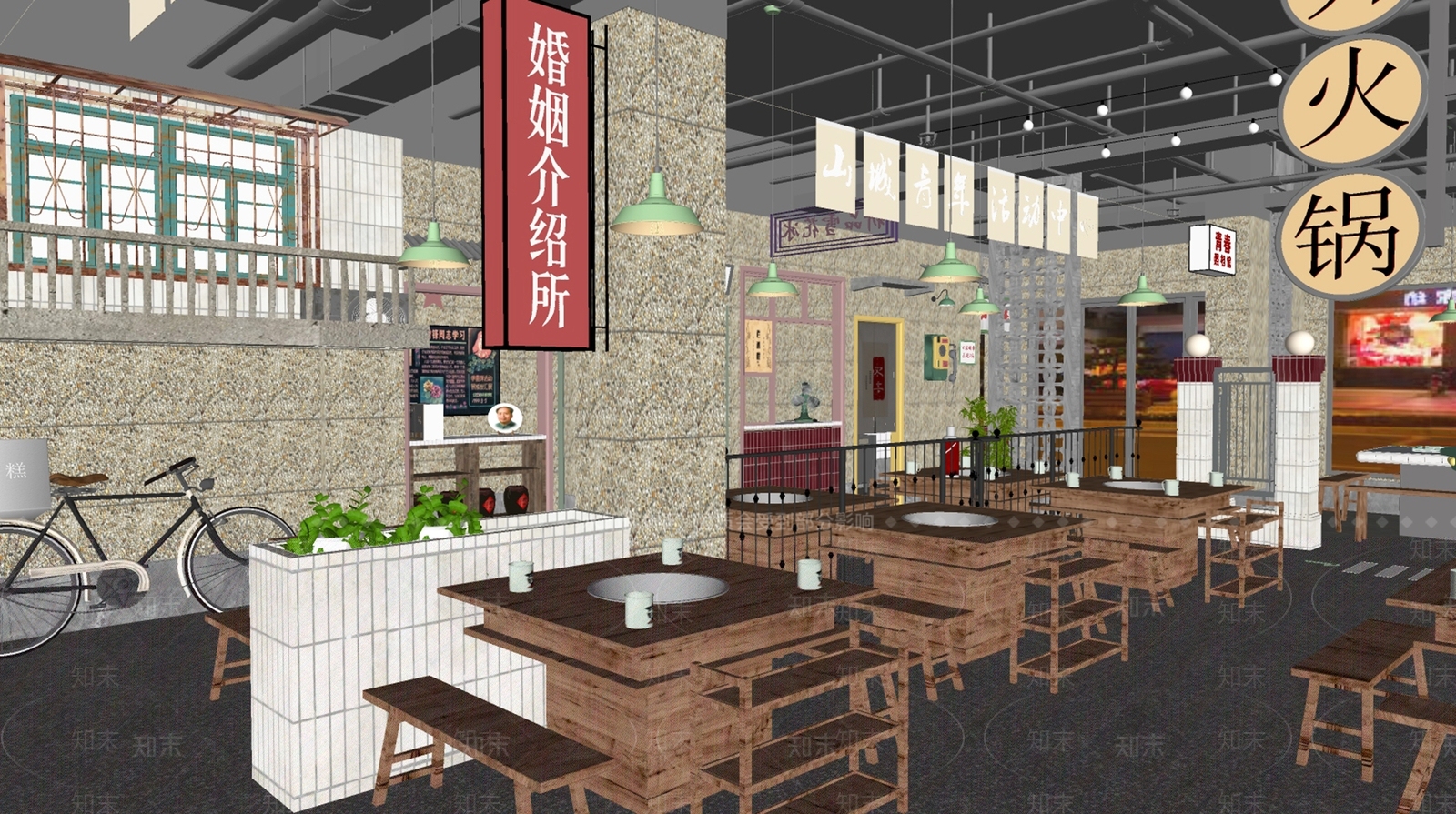 工业风复古火锅店SU模型下载【ID:1142350535】