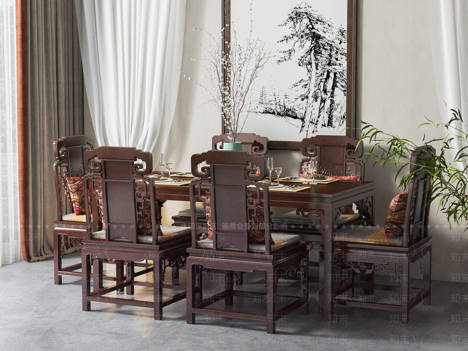中式餐桌椅组合3D模型下载【ID:1142351699】
