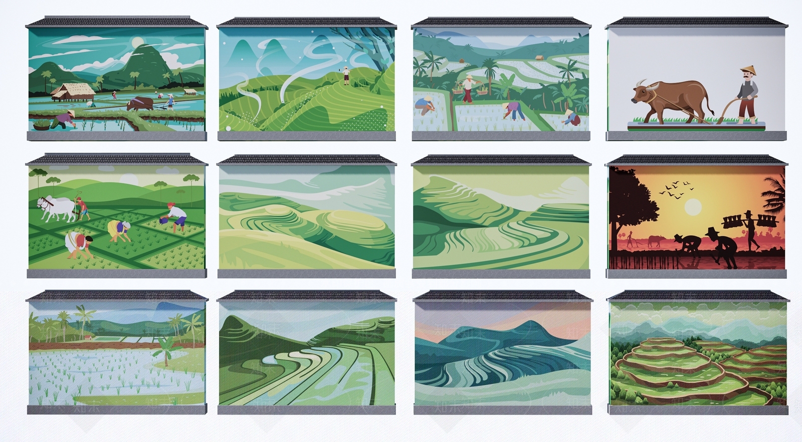 现代美丽乡村彩绘景墙围墙SU模型下载【ID:1142353643】