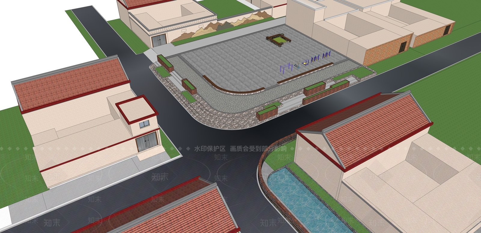 现代乡村广场景观SU模型下载【ID:1142360463】