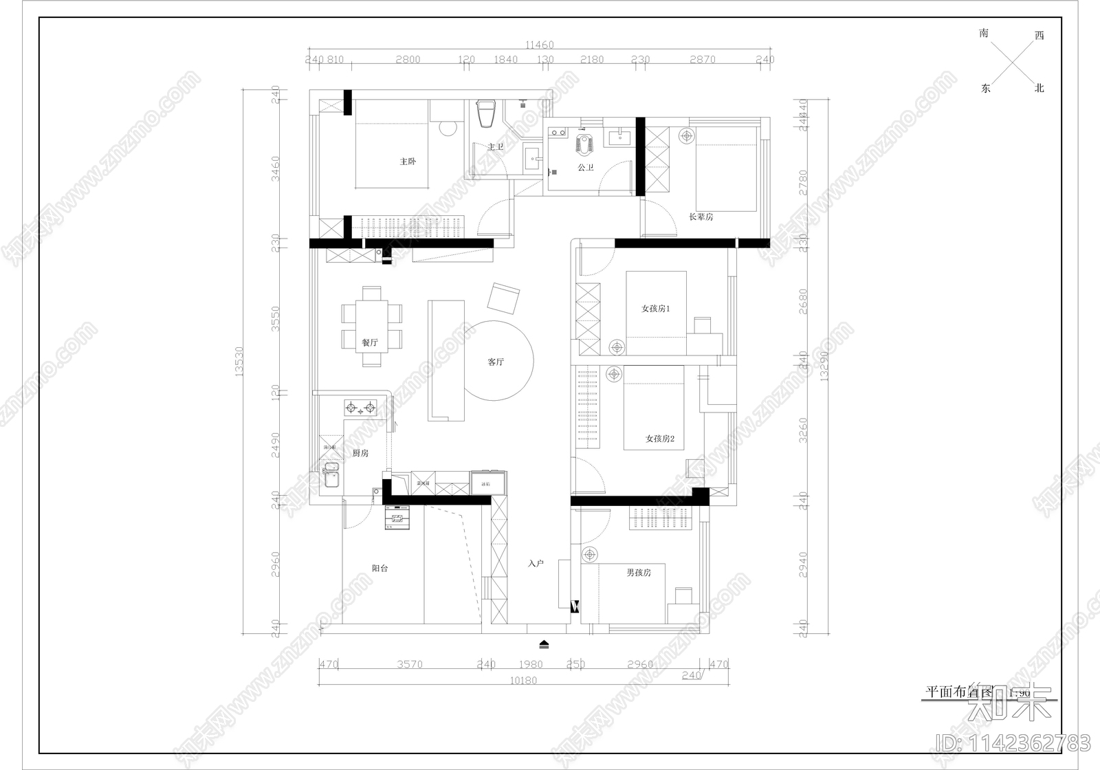 160平5房现代简约大平层家装室内cad施工图下载【ID:1142362783】