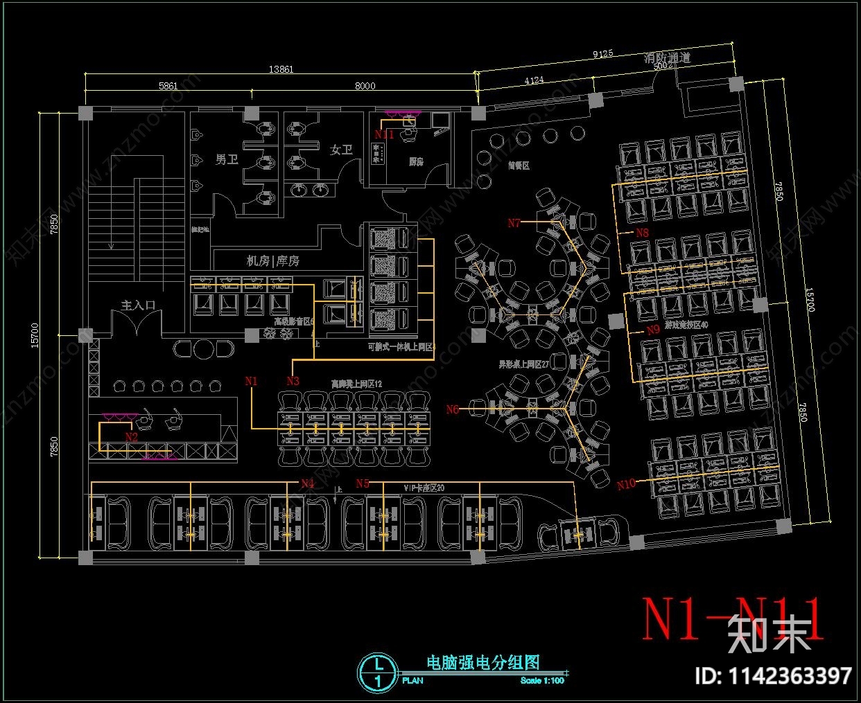 390平方网吧室内装修cad施工图下载【ID:1142363397】