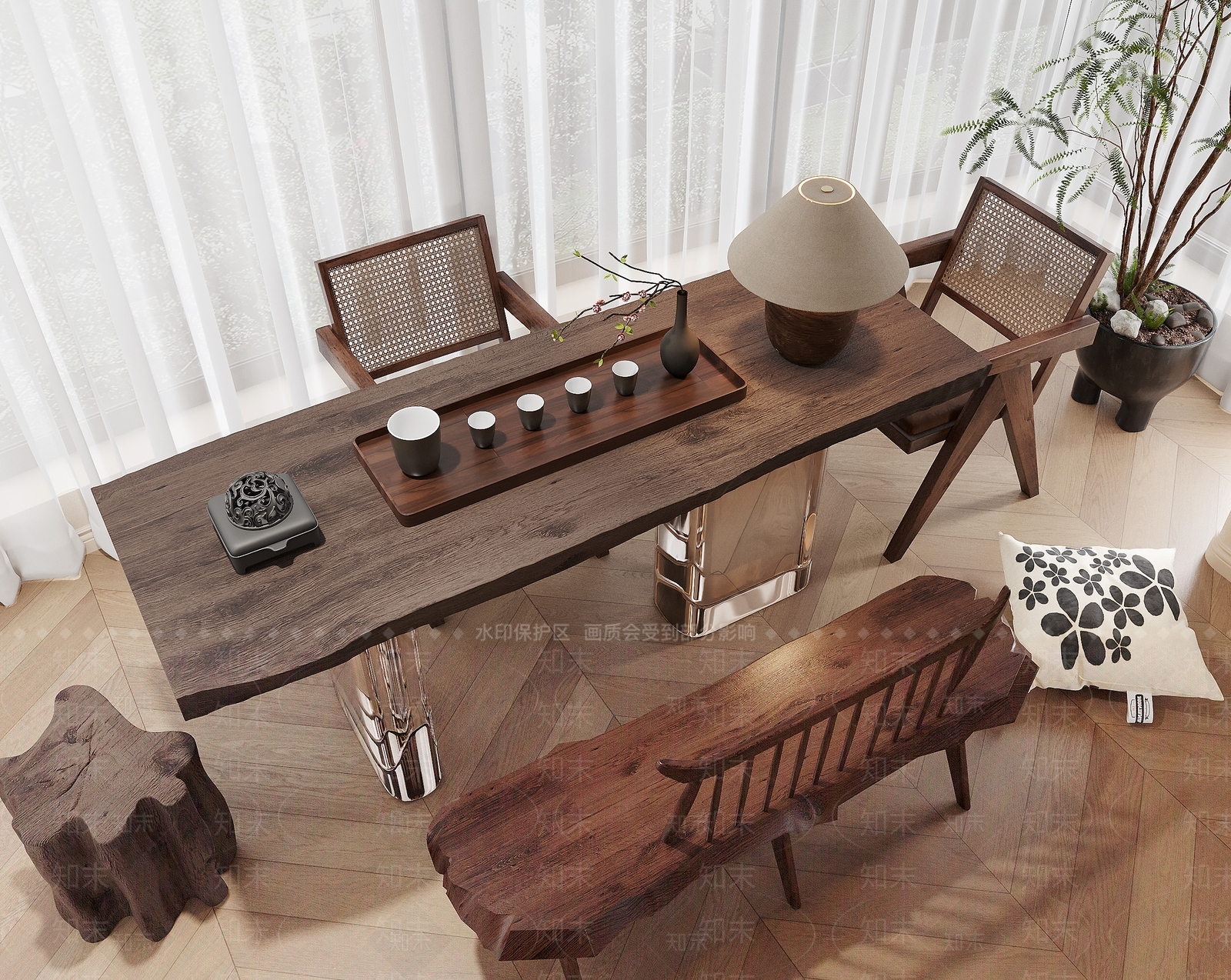 新中式茶桌椅组合3D模型下载【ID:1142364549】