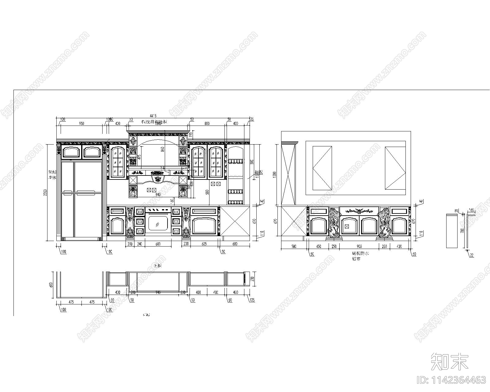 欧式雕花橱柜施工图下载【ID:1142364463】