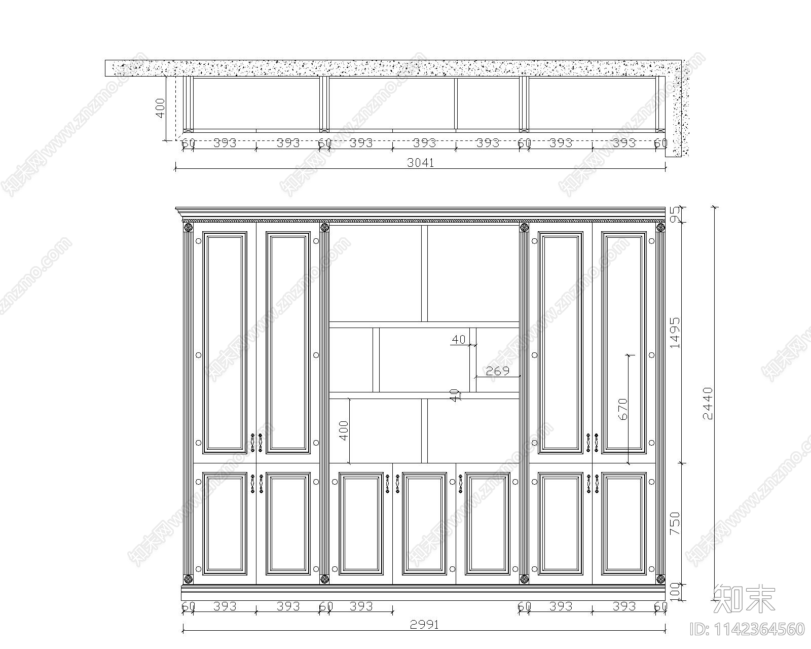 中式书柜cad施工图下载【ID:1142364560】