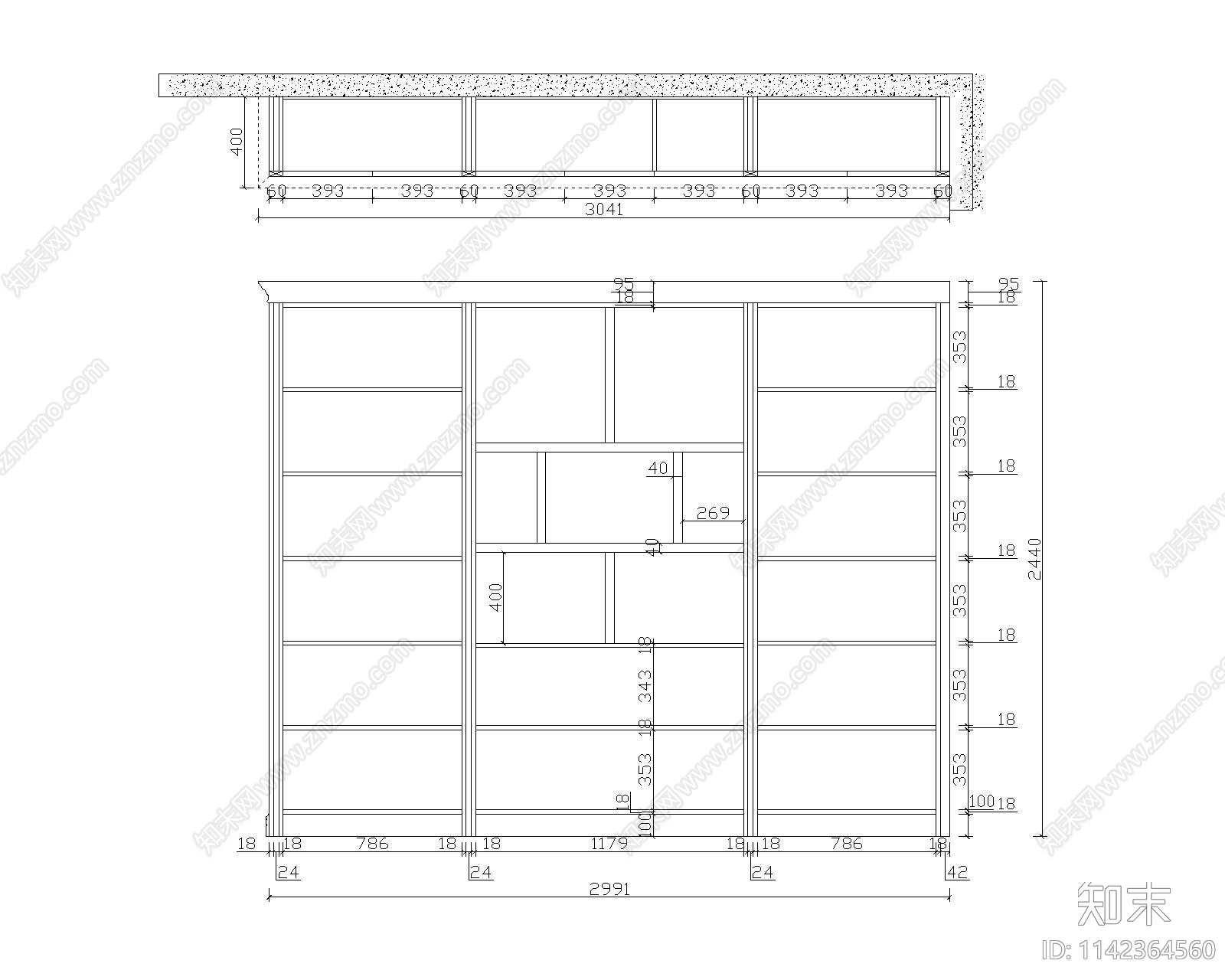 中式书柜cad施工图下载【ID:1142364560】