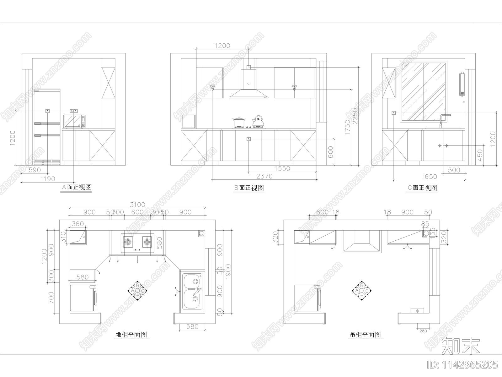 定制厨房橱柜施工图下载【ID:1142365205】