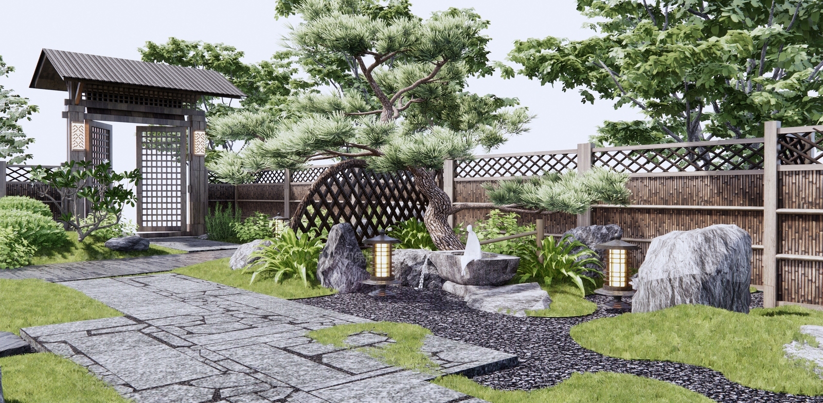 日式禅意庭院景观3D模型下载【ID:1142367792】_知末3d模型网