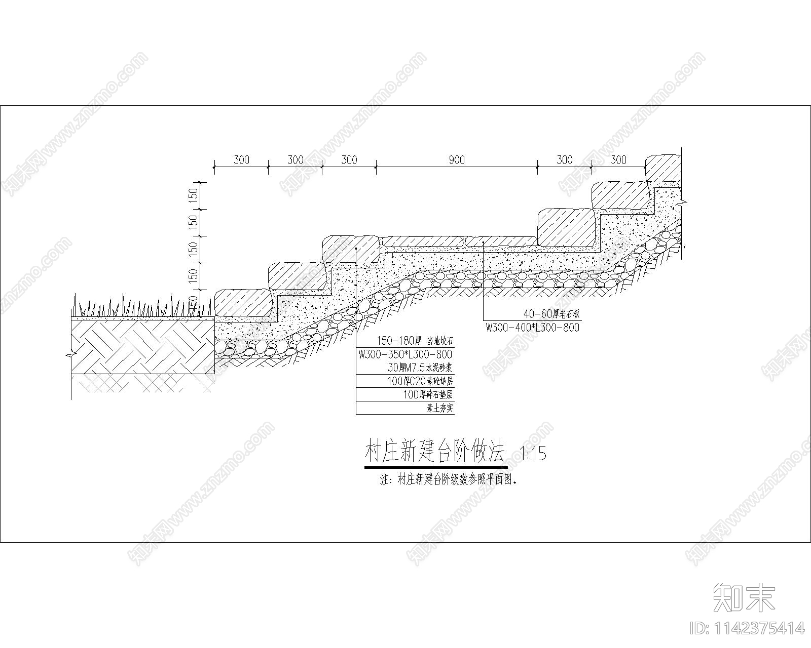 村庄游步道石台阶做法施工图下载【ID:1142375414】