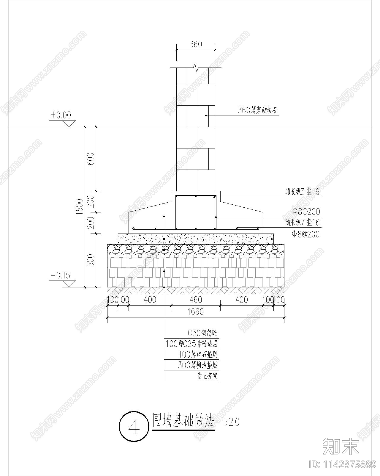 茅草青砖块石景观围墙cad施工图下载【ID:1142375889】