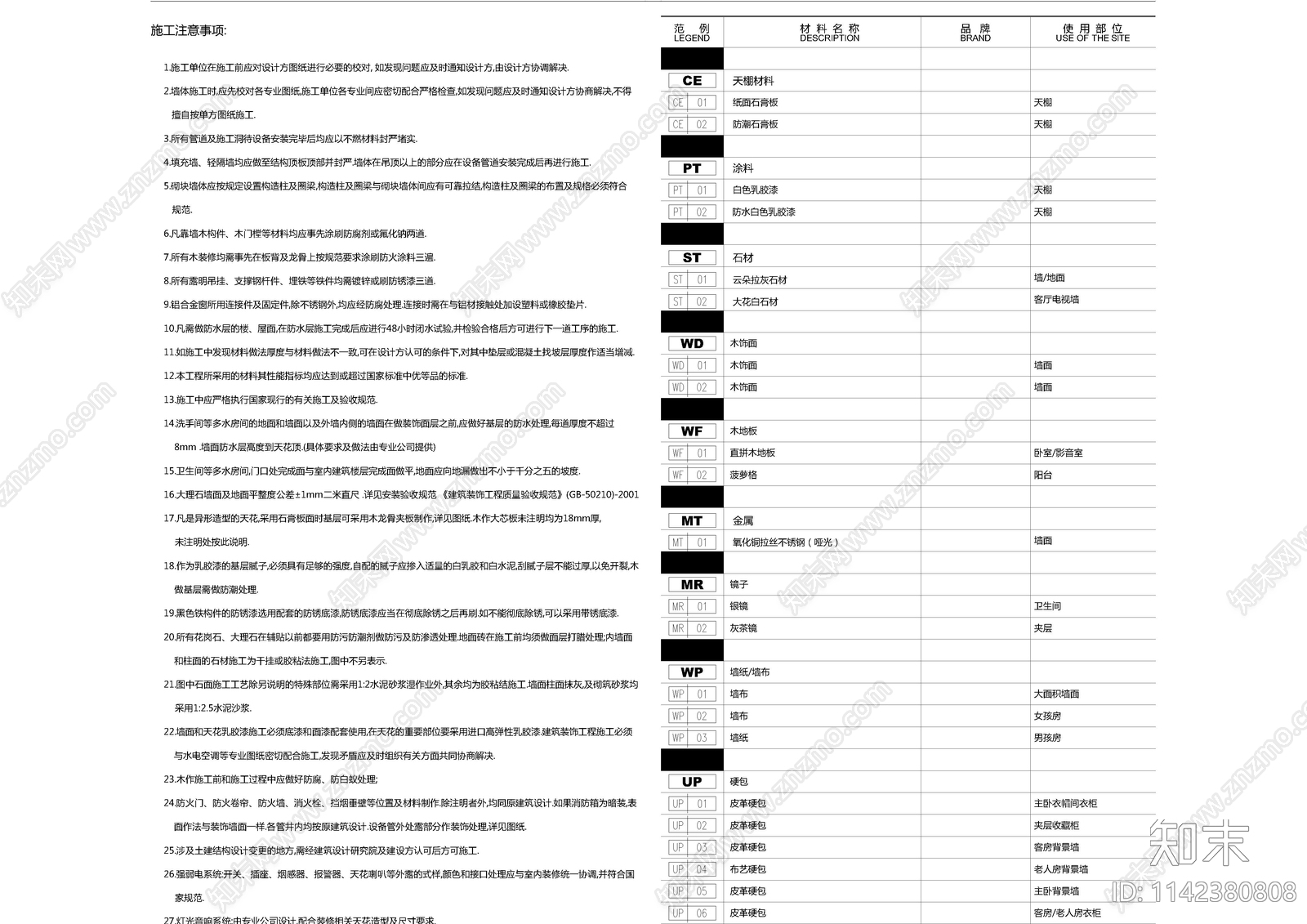 精装住宅目录设计说明材料表cad施工图下载【ID:1142380808】