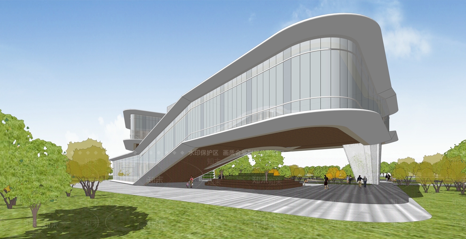 现代城市展览馆建筑SU模型下载【ID:1142386376】