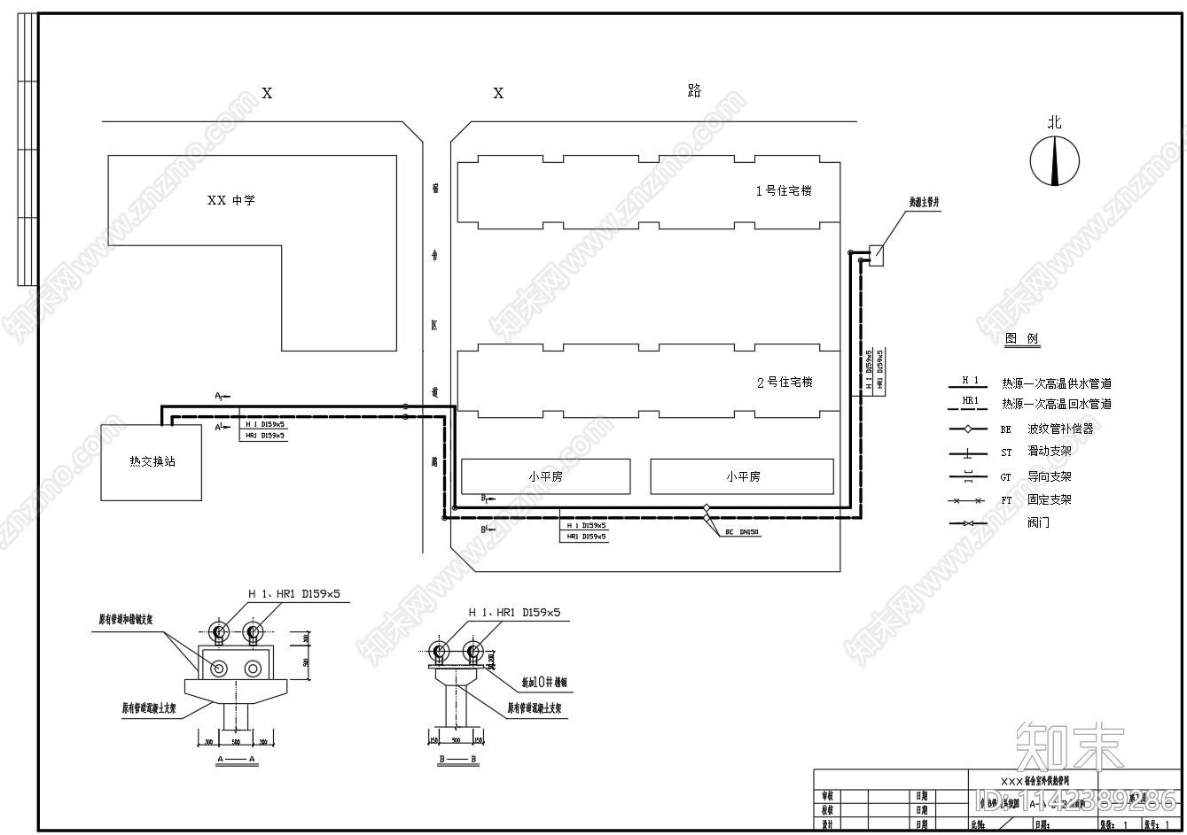 宿舍室外供热管网平面剖面系统cad施工图下载【ID:1142389286】