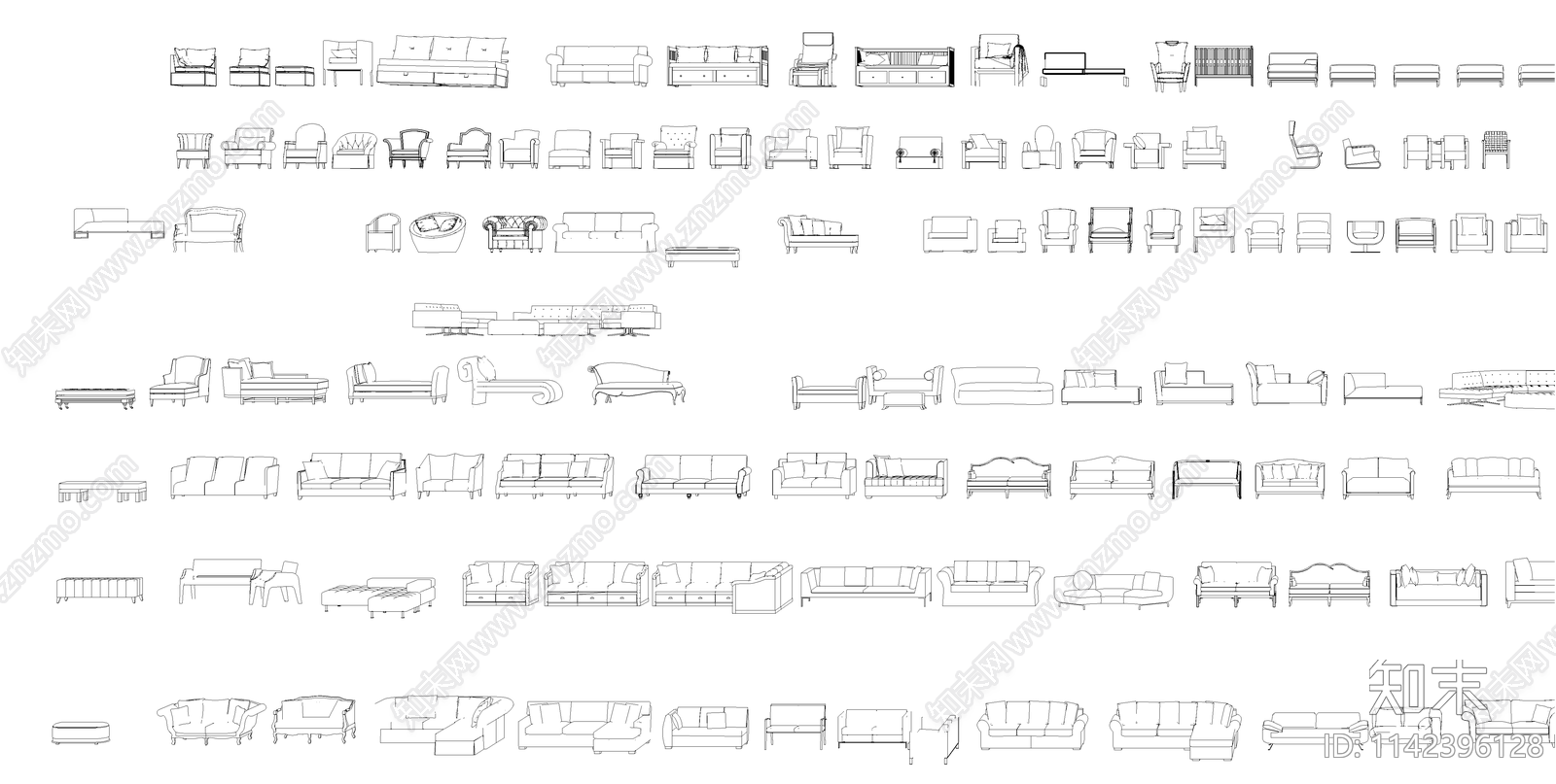 沙发立面施工图下载【ID:1142396128】