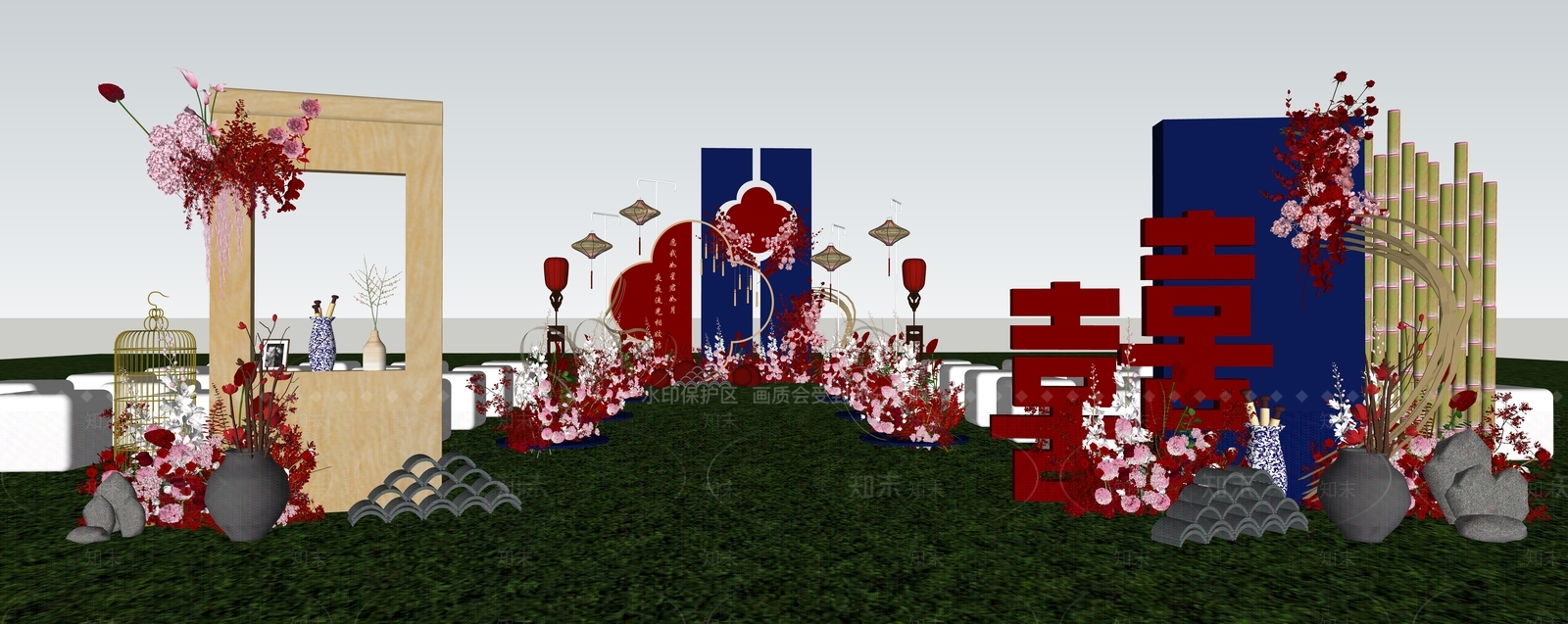 新中式红蓝中式复古婚礼美陈SU模型下载【ID:1142410817】_知末su模型网