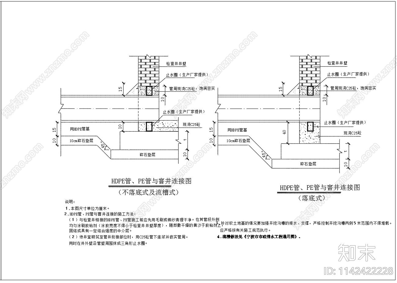 HDPE管道基础cad施工图下载【ID:1142422228】