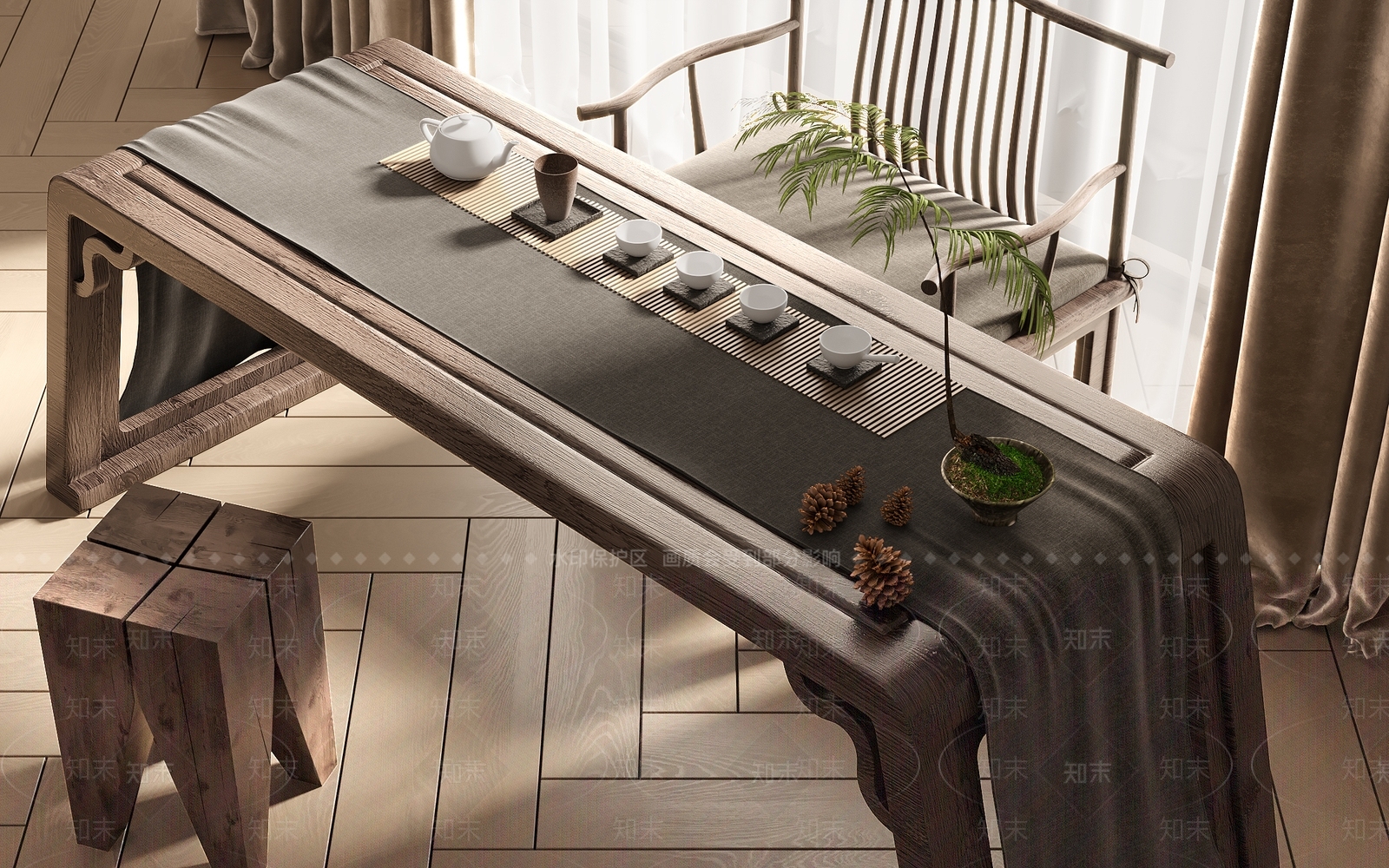 新中式茶桌椅3D模型下载【ID:1142425824】