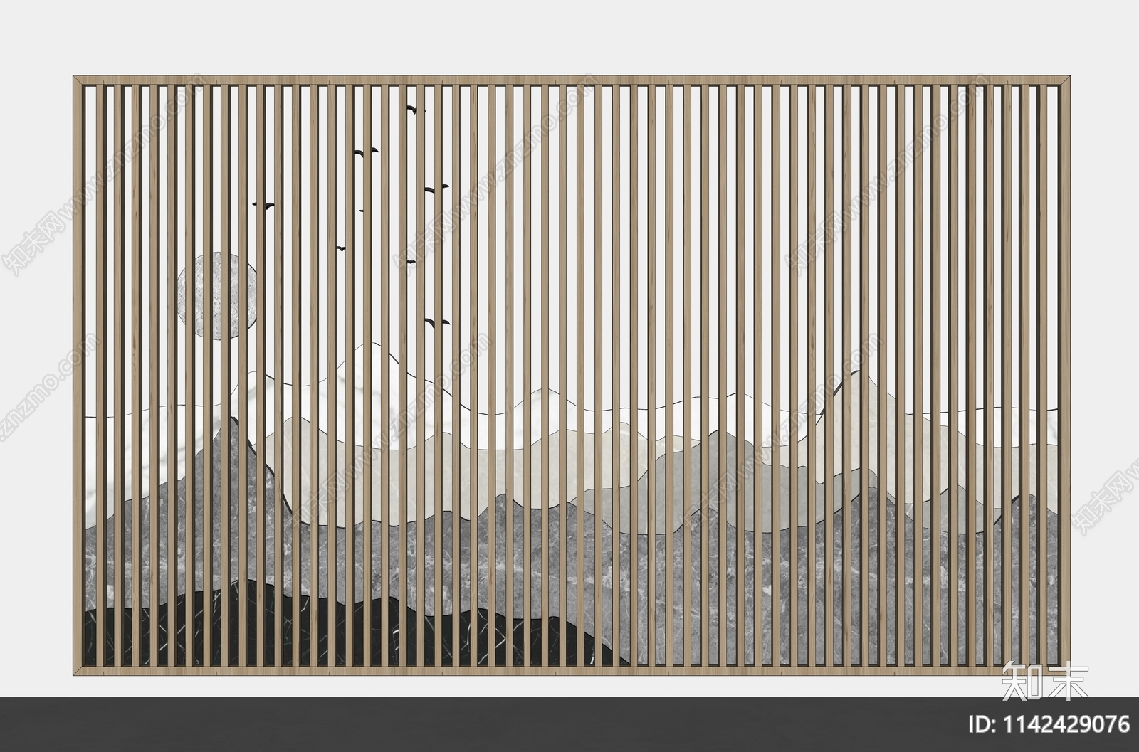新中格栅式山水背景墙SU模型下载【ID:1142429076】