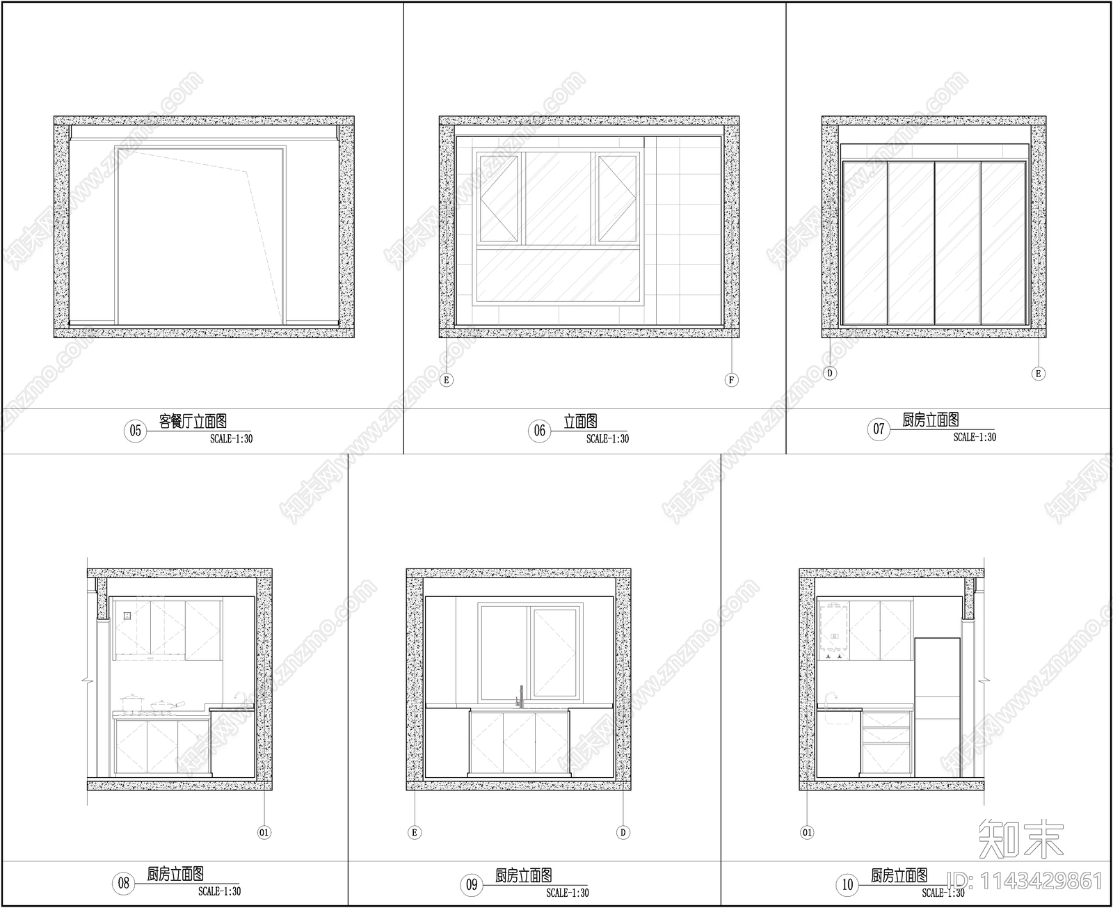 三室两厅平层家装室内cad施工图下载【ID:1143429861】