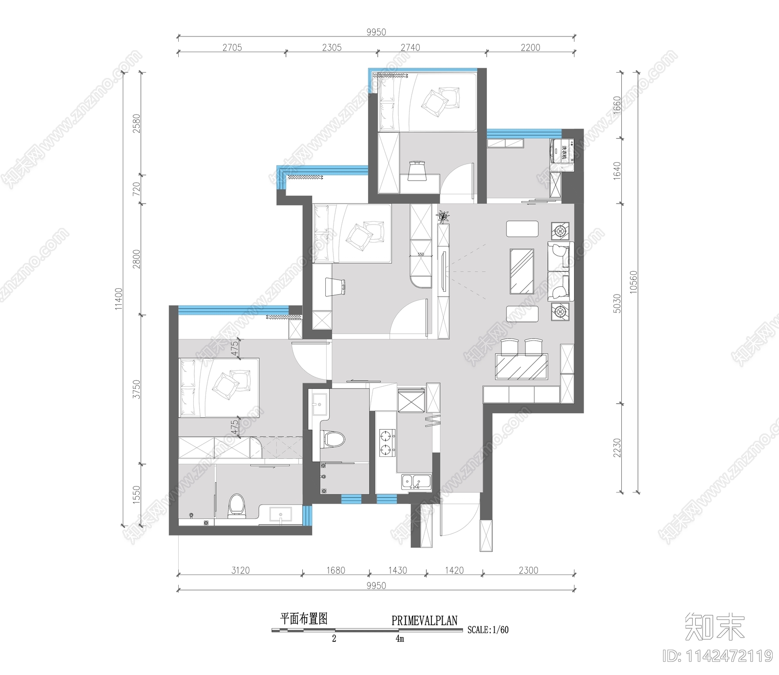 100㎡家装平面布置图cad施工图下载【ID:1142472119】