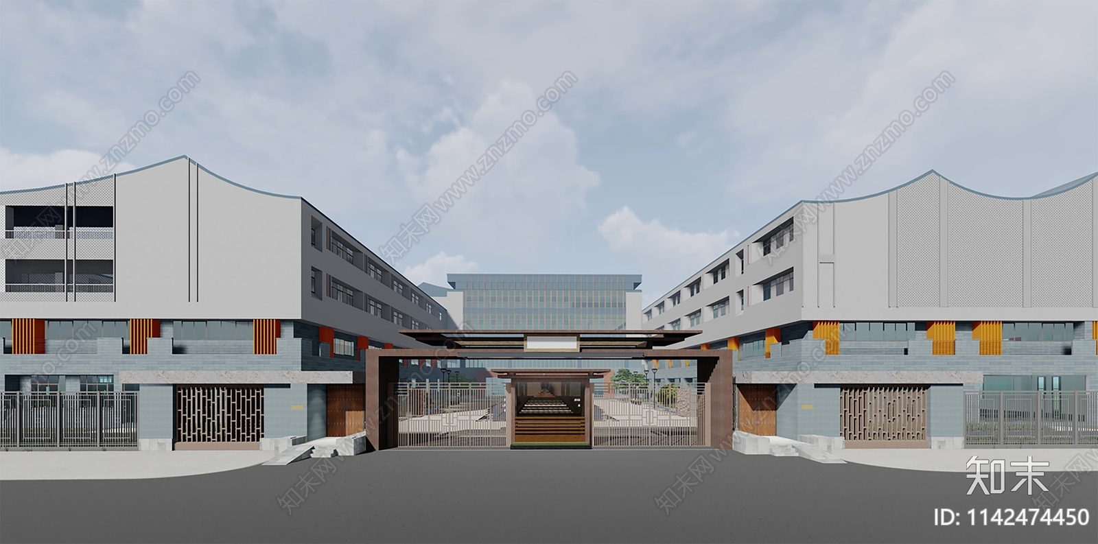 新中式小学建筑景观整体设计SU模型下载【ID:1142474450】