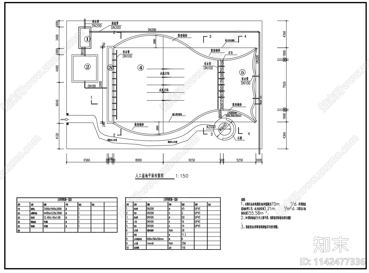 70立方污水处理潜流人工湿地平面高程图cad施工图下载【ID:1142477336】