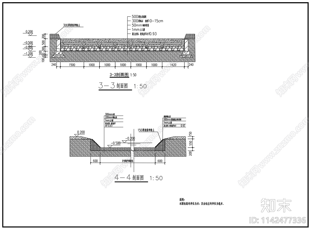 70立方污水处理潜流人工湿地平面高程图cad施工图下载【ID:1142477336】