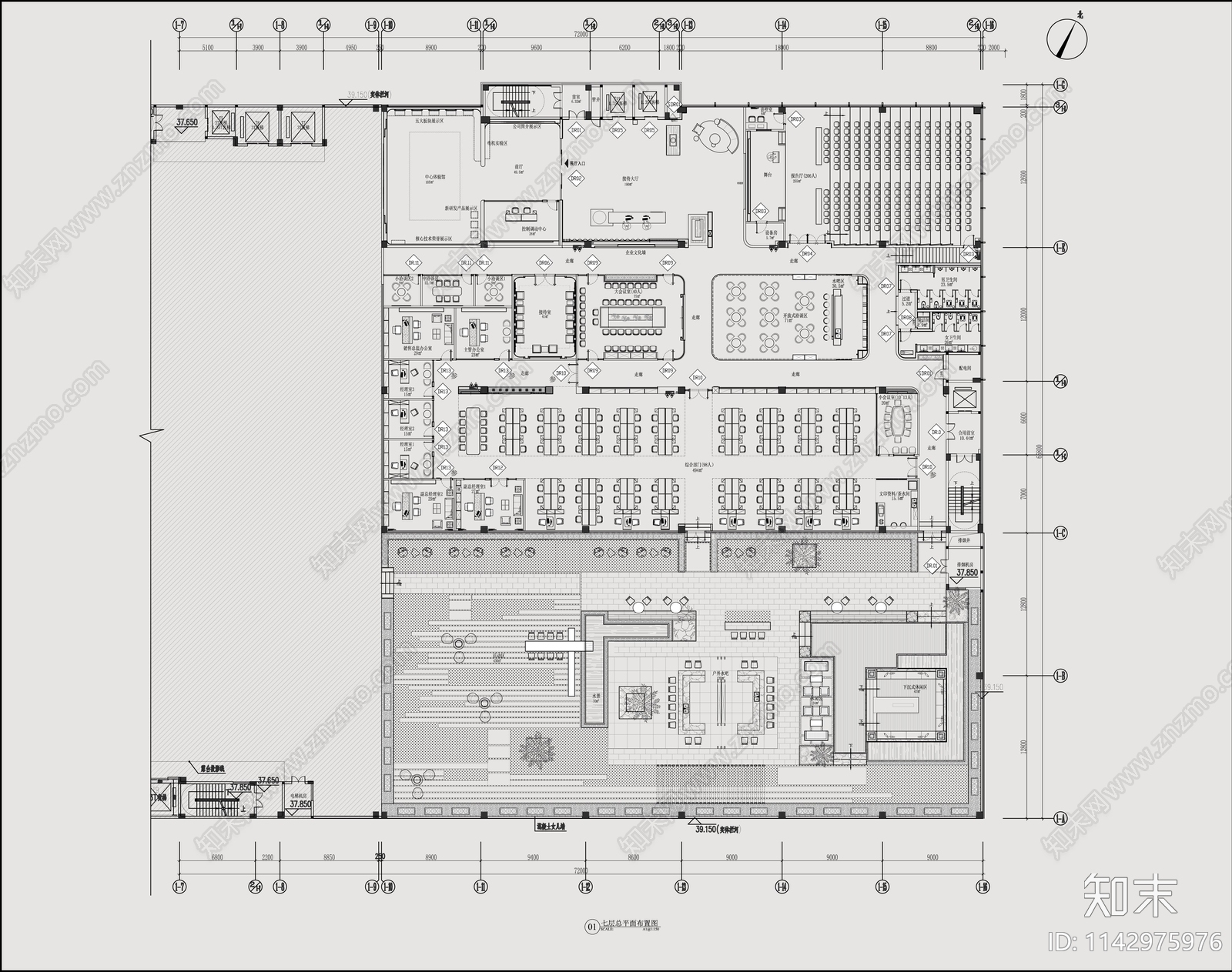 3500㎡现代办公室室内cad施工图下载【ID:1142975976】