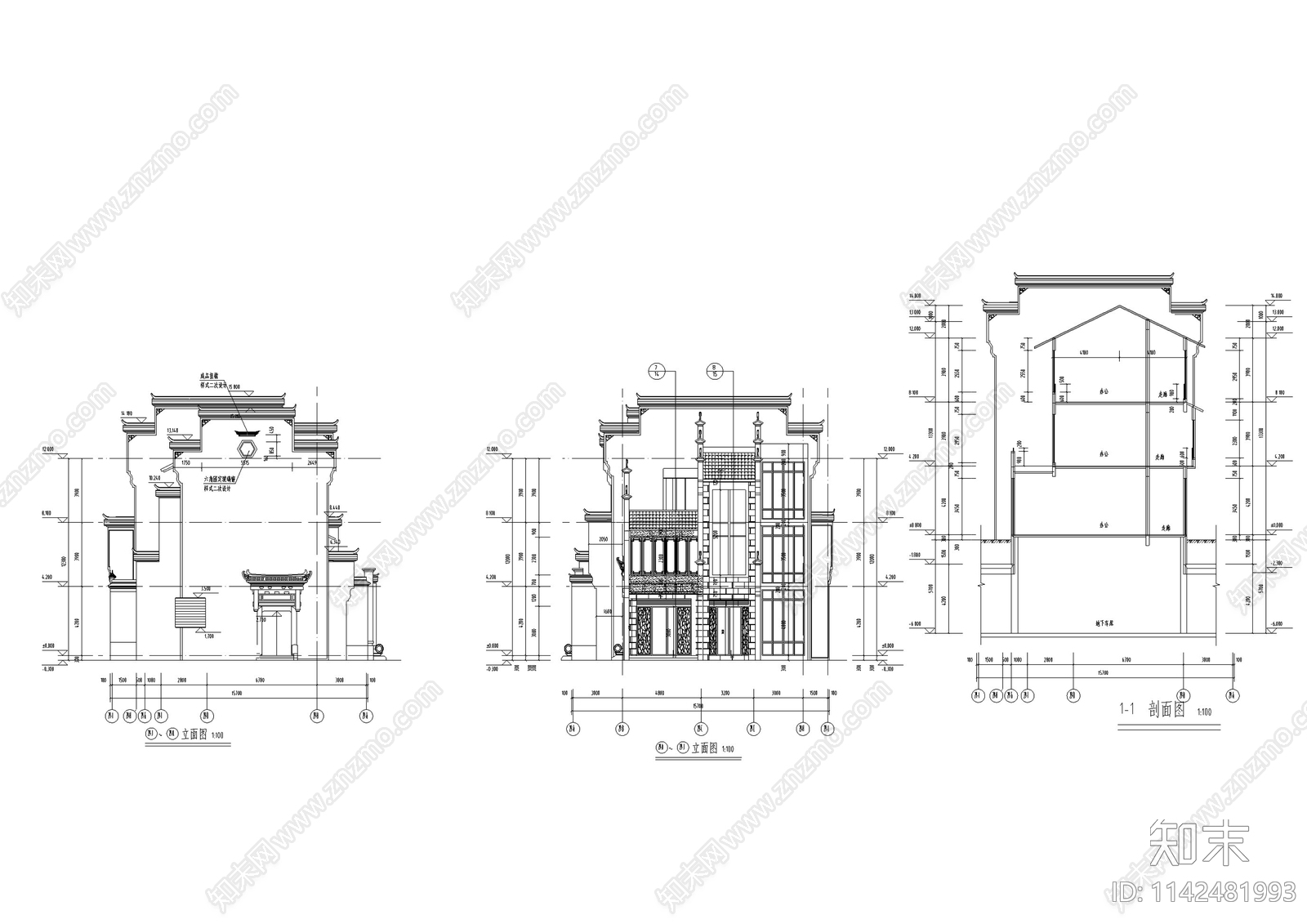 中式仿古街区商业建筑cad施工图下载【ID:1142481993】
