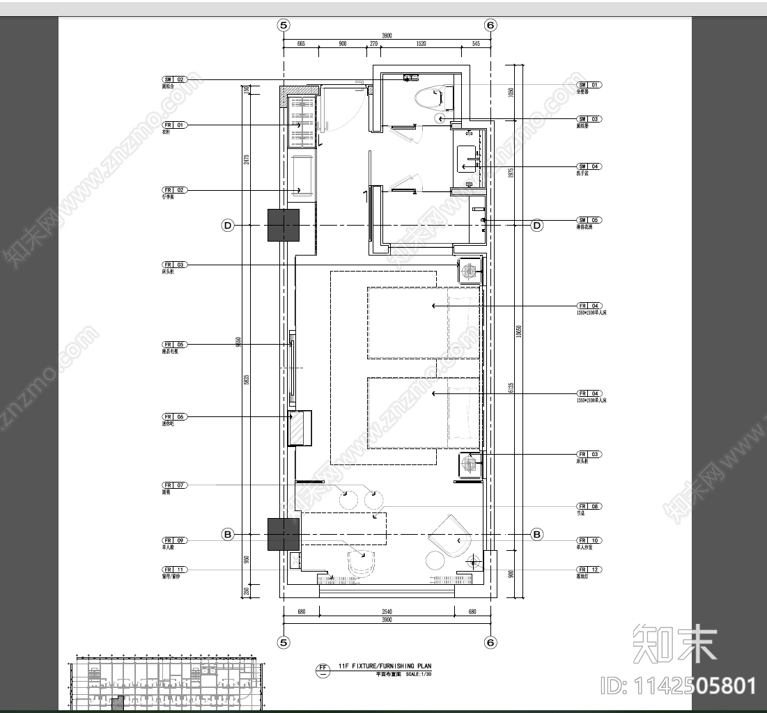 酒店双床房全套施工图下载【ID:1142505801】