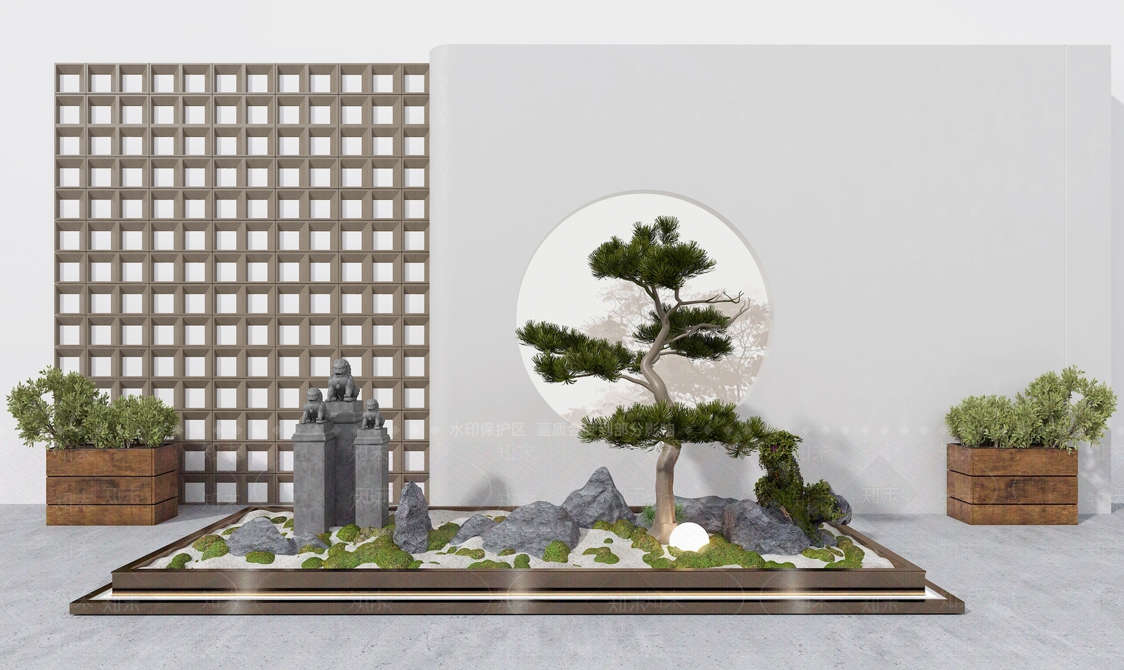 新中式绿植景观中式石子干景中式绿植端景新中式景观树中式石狮子3D模型下载【ID:1142511010】