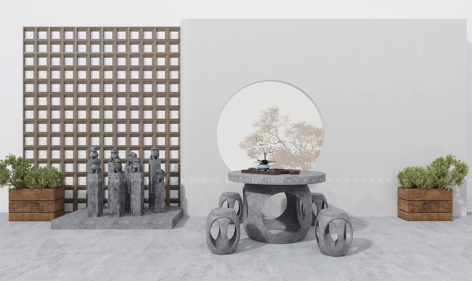 中式花园石头凳子石头桌子中式石头狮子装饰中式公园石头棋牌桌子凳子3D模型下载【ID:1142511730】