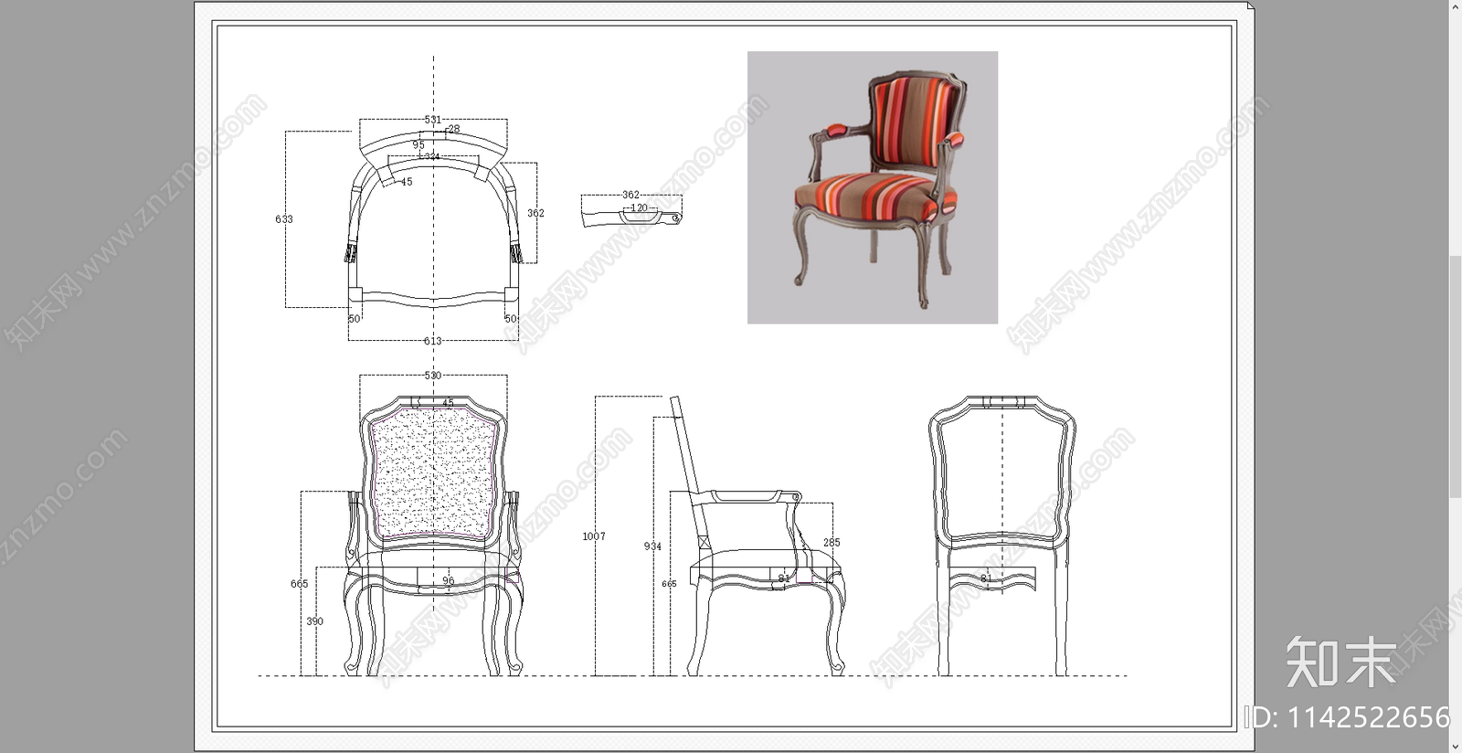 欧式沙发书椅餐椅三视图施工图下载【ID:1142522656】