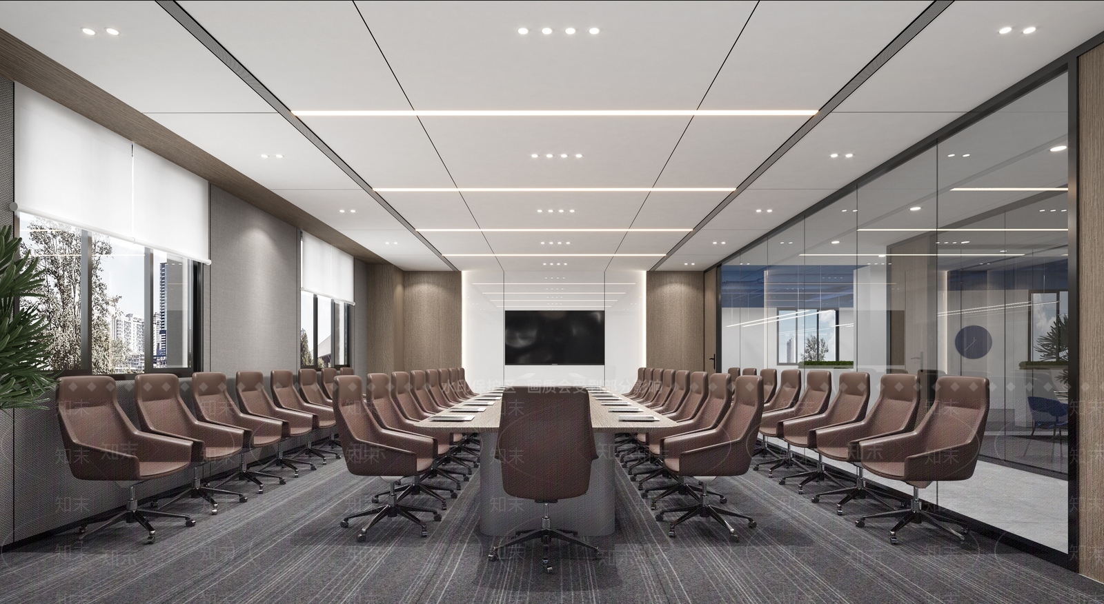 现代会议室会议桌椅卷帘电视玻璃隔断3D模型下载【ID:1142531156】