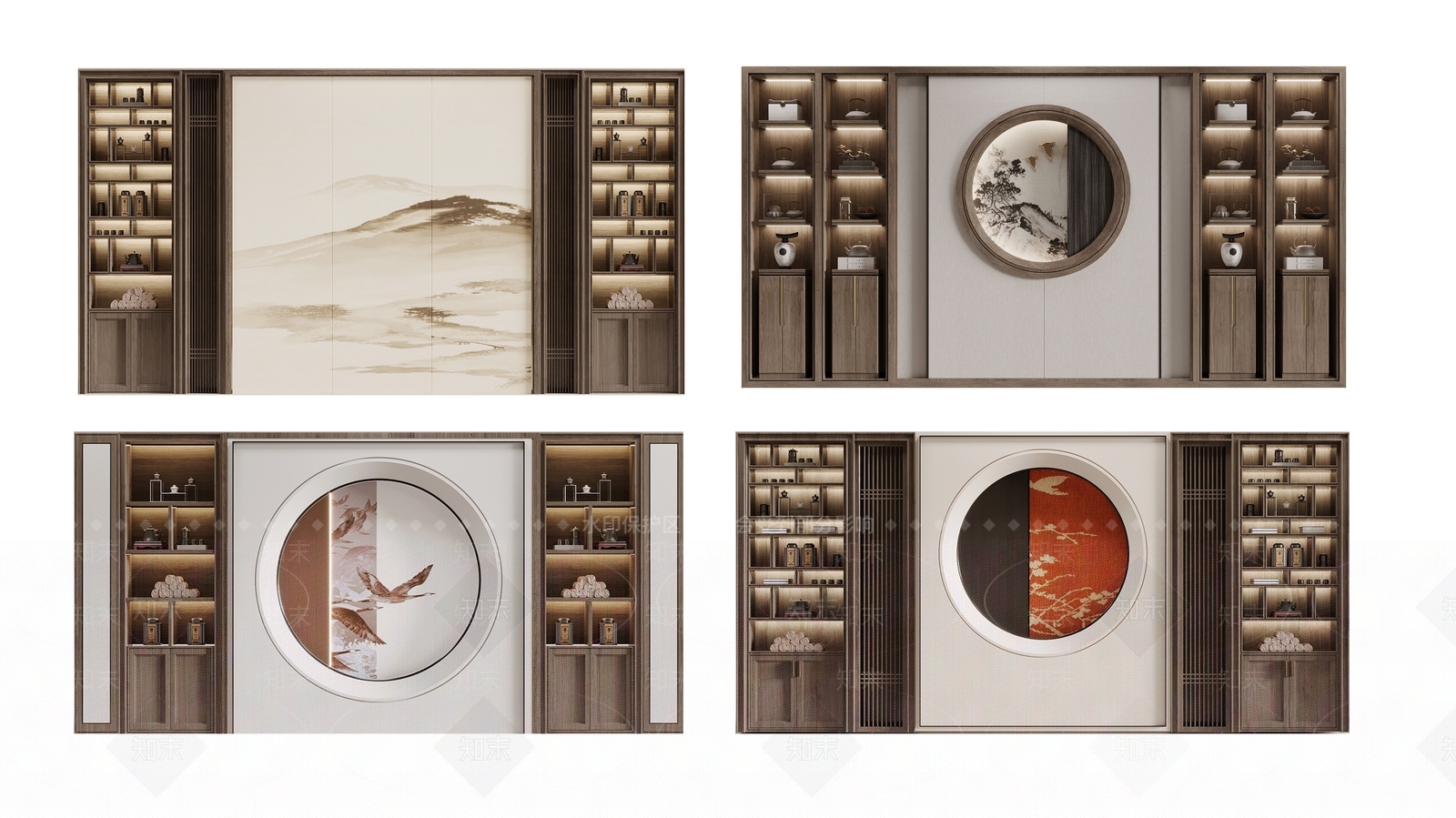 新中式书柜背景墙3D模型下载【ID:1142549606】